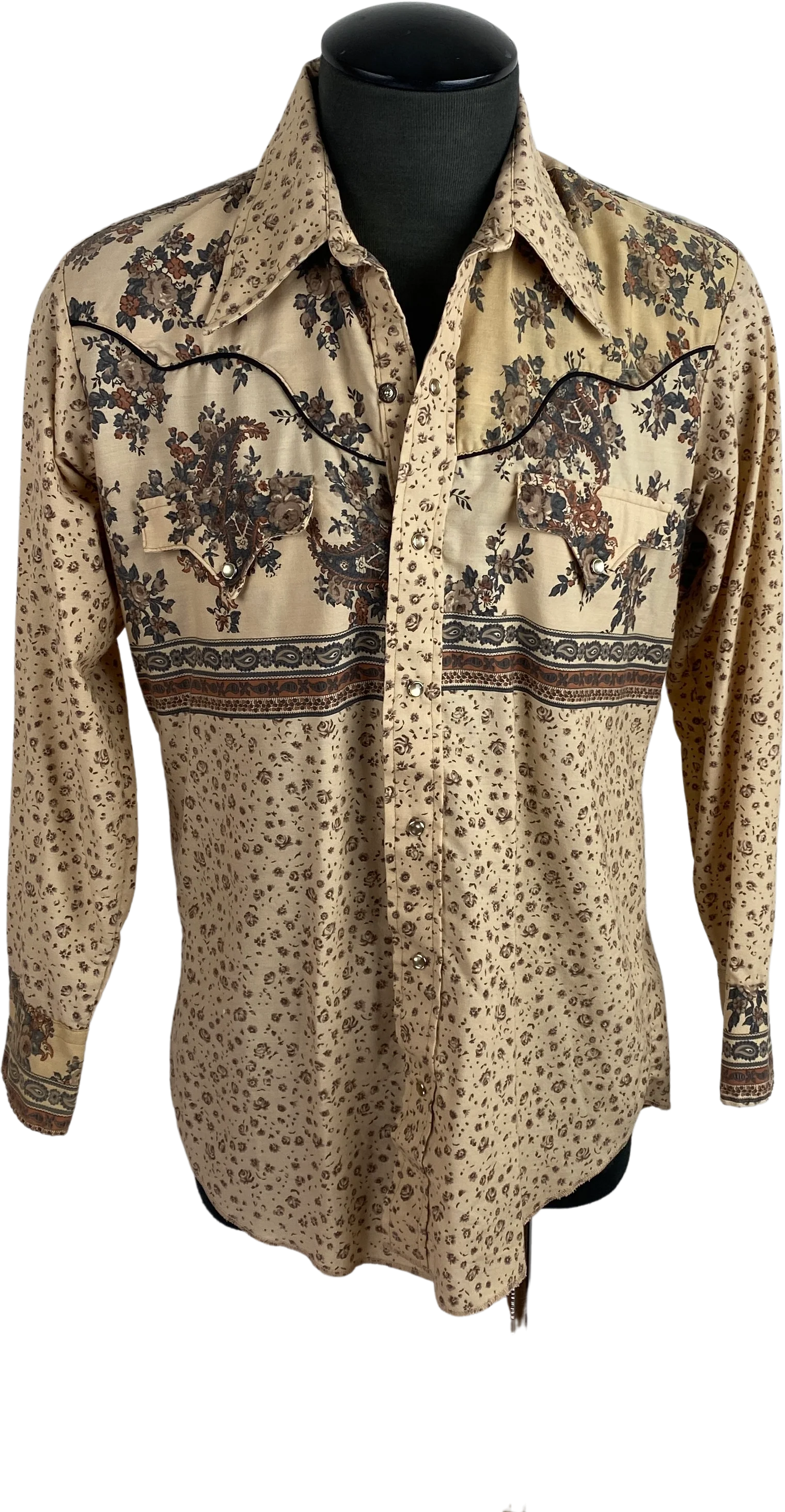 70s Men Tan Pearlized Snap Button Shirt Floral Western By Tem Tex