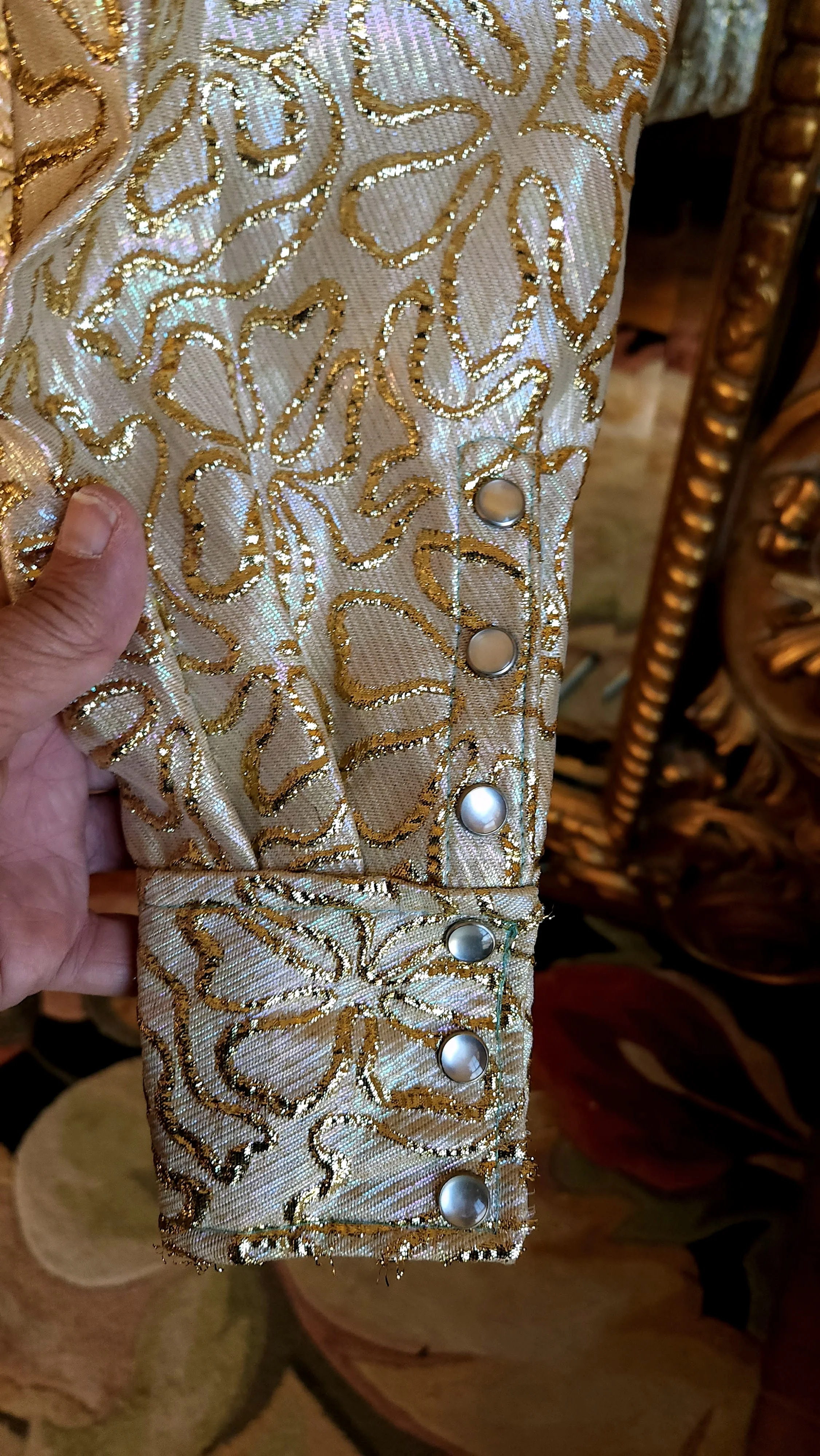 70s Metallic Opalescent Gold Brocade Western Blouse - Image 6