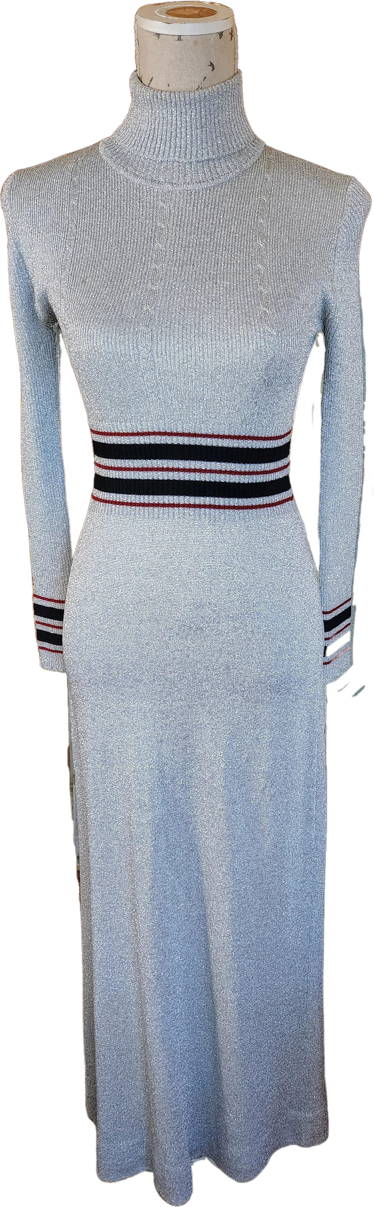 70s Metallic Silver Knit Turtleneck Maxi Dress By Bargello