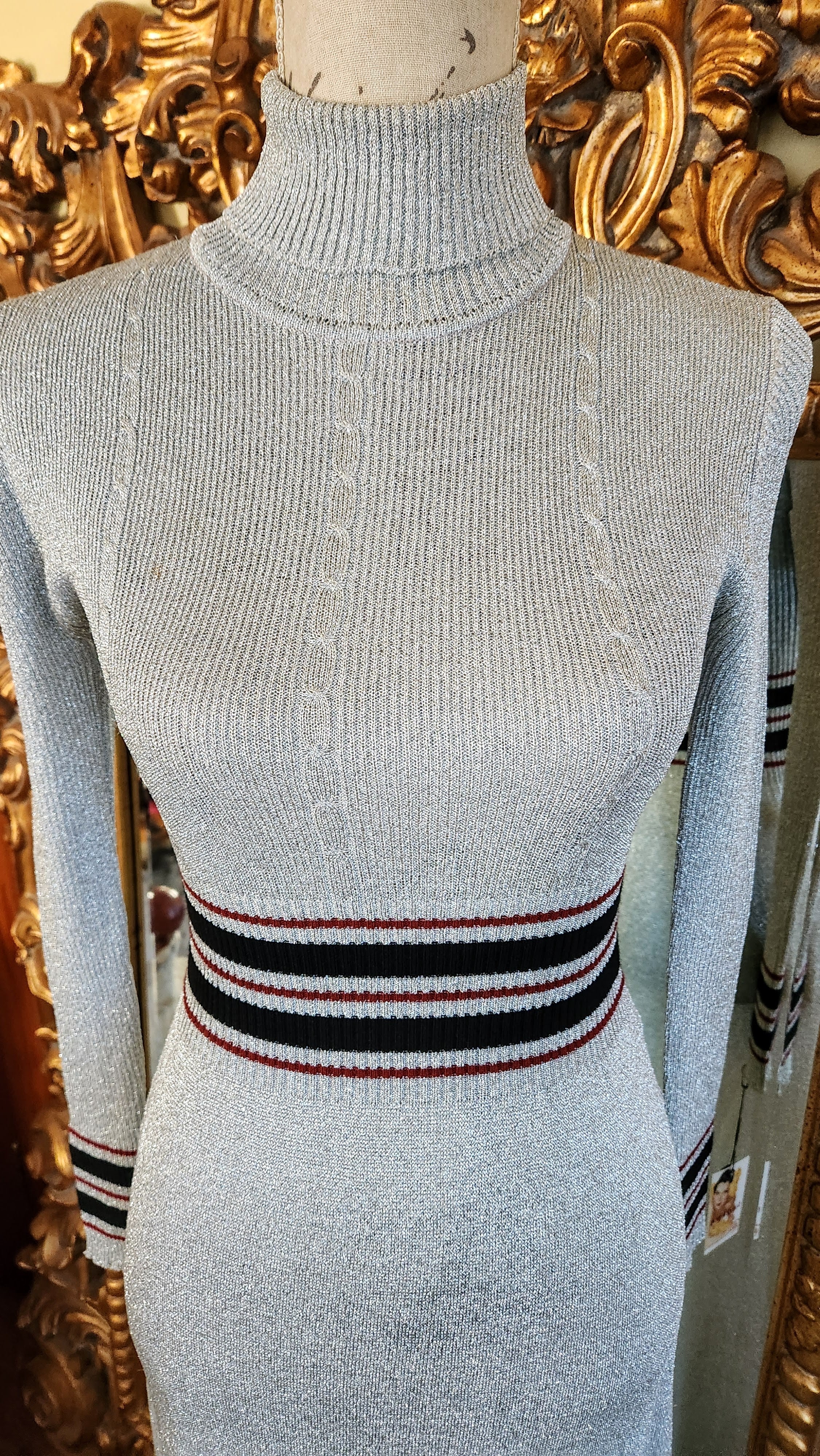 70s Metallic Silver Knit Turtleneck Maxi Dress By Bargello - Image 5