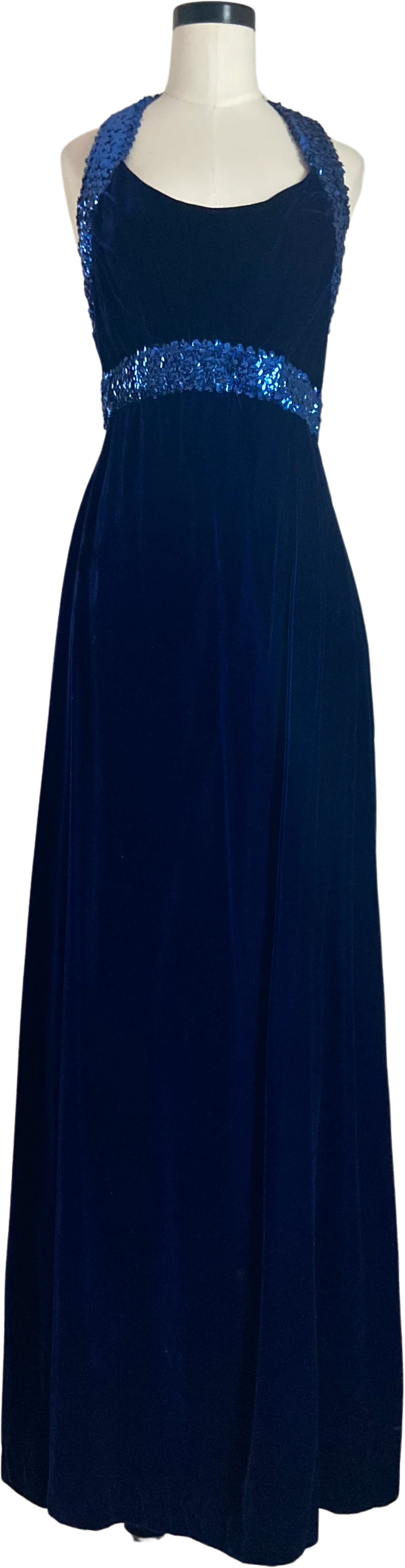 70s Midnight Blue Velvet Sequin Trim Halter Gown