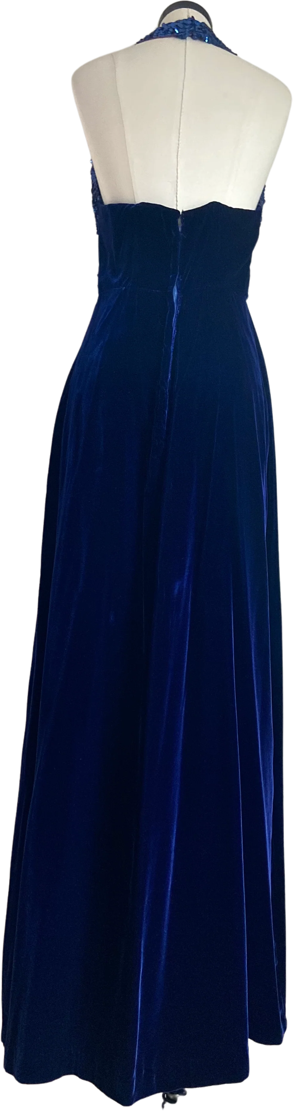 70s Midnight Blue Velvet Sequin Trim Halter Gown - Image 2