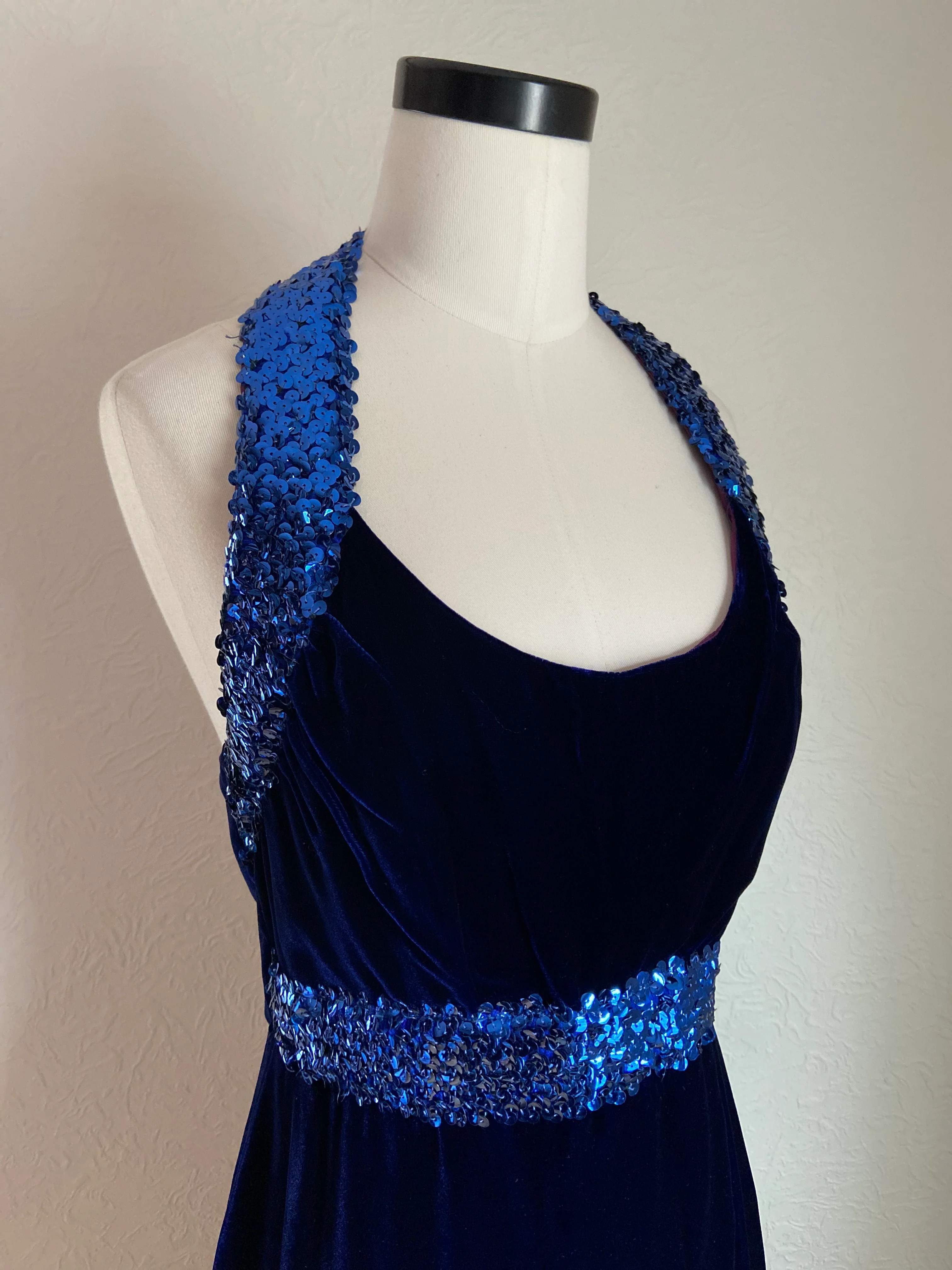 70s Midnight Blue Velvet Sequin Trim Halter Gown - Image 3