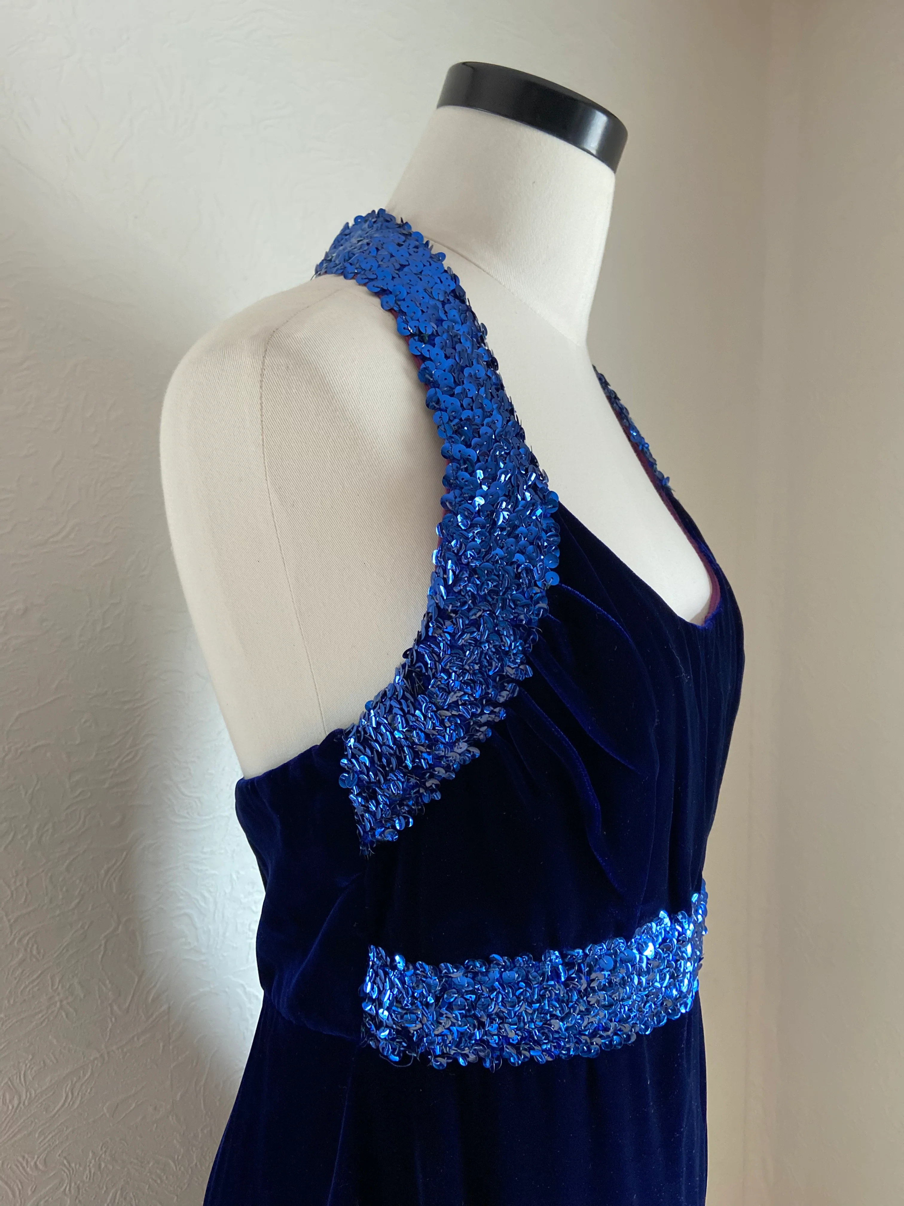 70s Midnight Blue Velvet Sequin Trim Halter Gown - Image 4