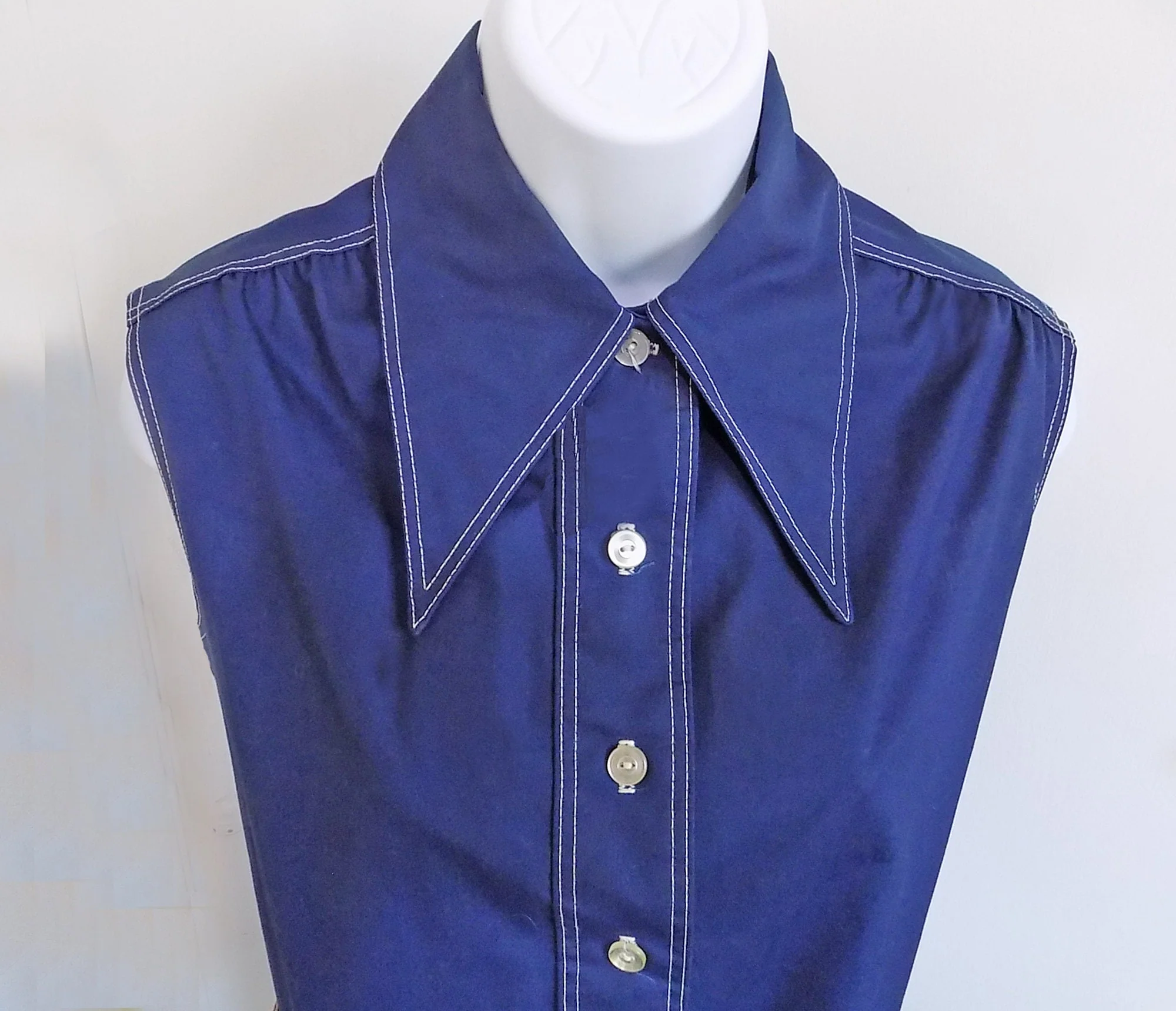 70s Mini Dress Or Tunic Navy Blue Wide Collar White Stitching Deep Pockets Belt - Image 3