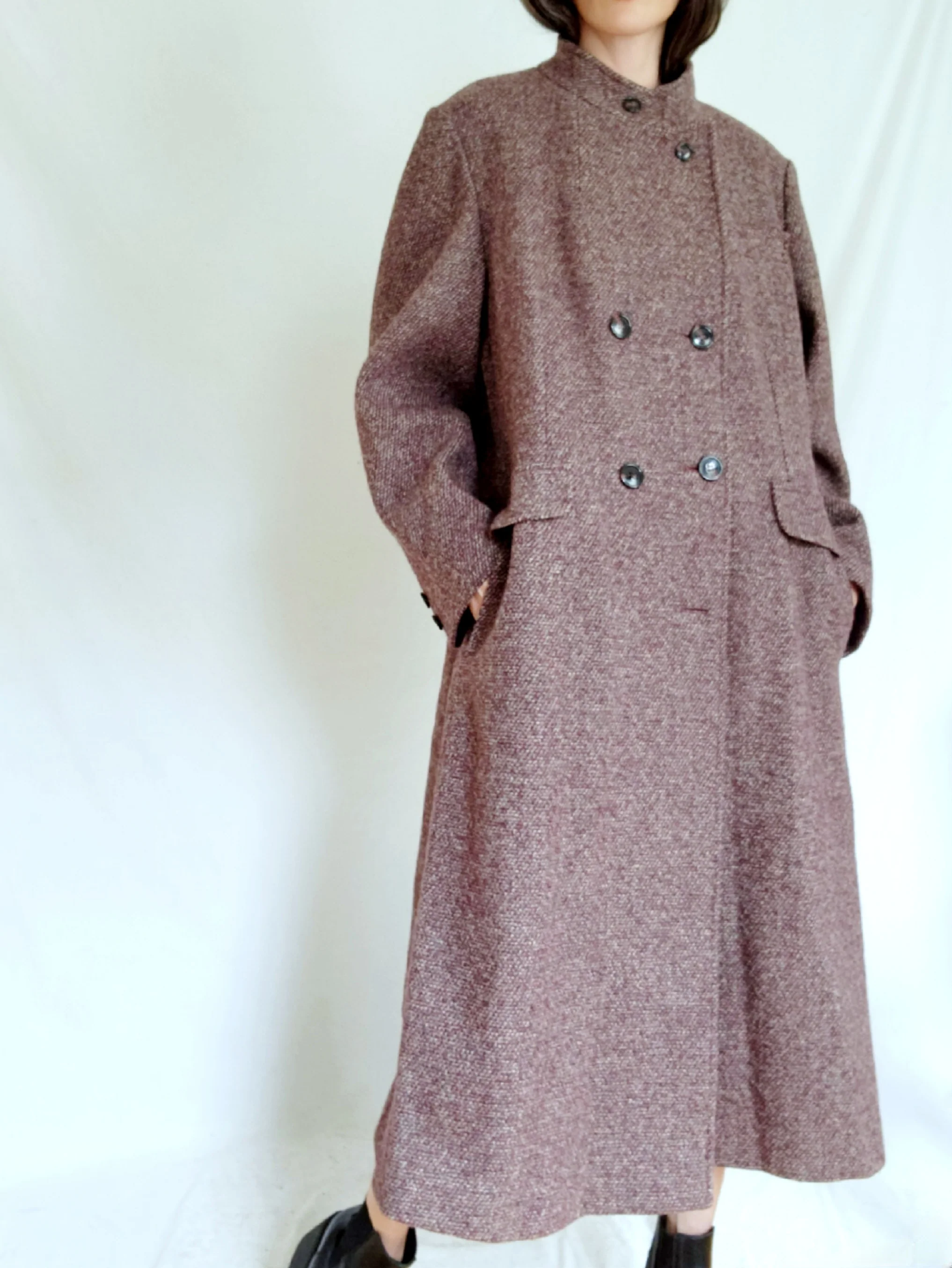70s Minimalist Mod Burgundy Tweed Long Wool Overcoat By Bromleigh - Image 10