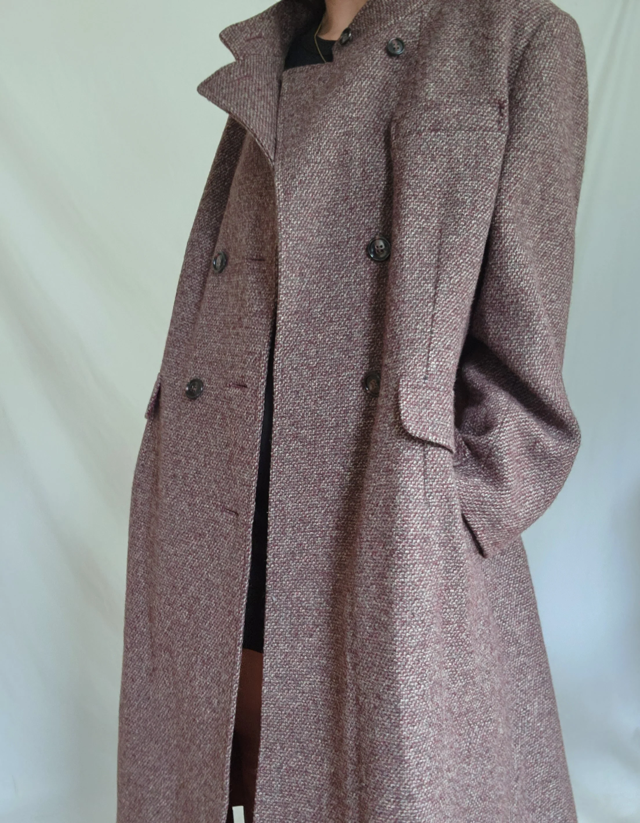 70s Minimalist Mod Burgundy Tweed Long Wool Overcoat By Bromleigh - Image 11