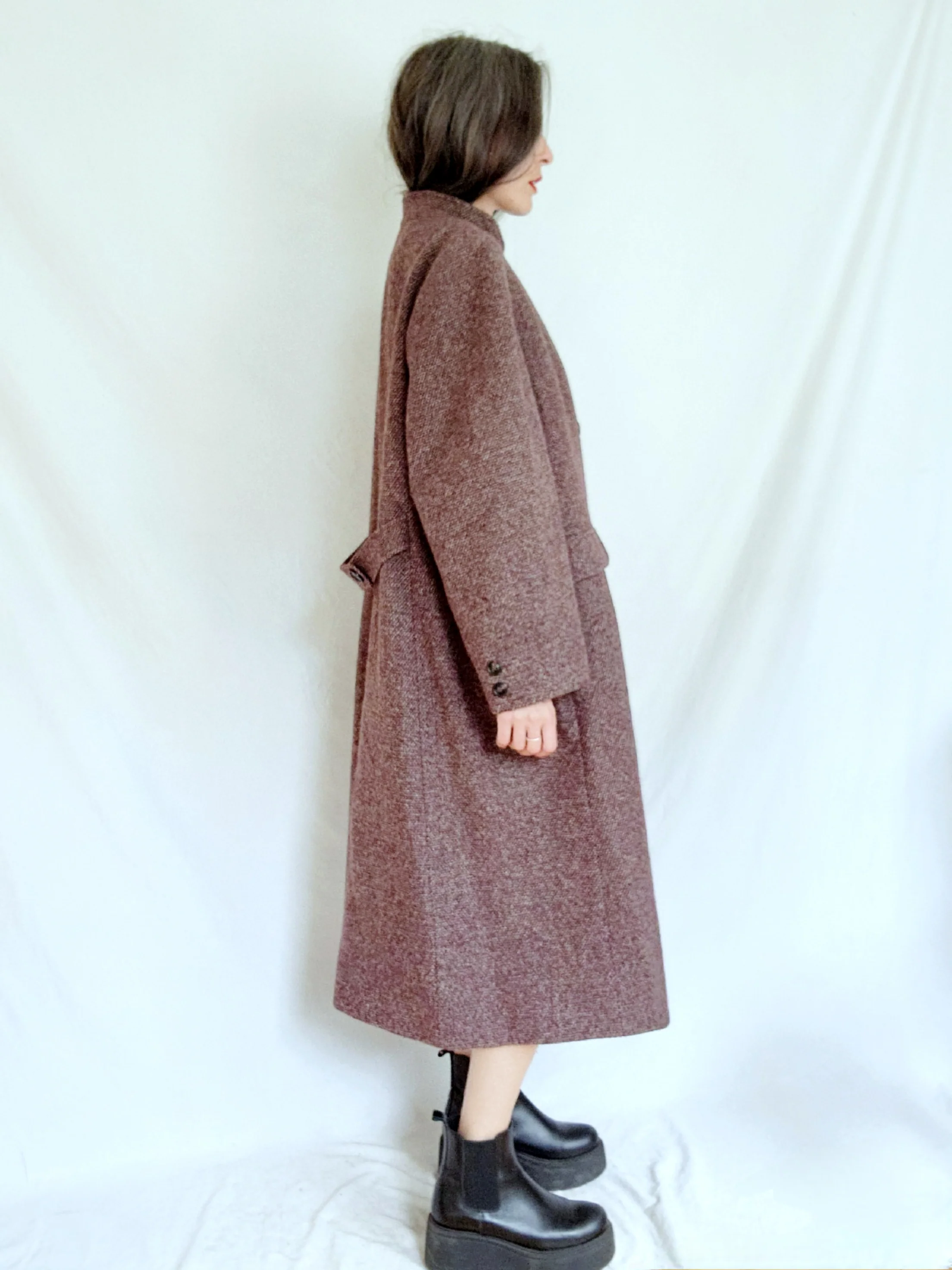70s Minimalist Mod Burgundy Tweed Long Wool Overcoat By Bromleigh - Image 12