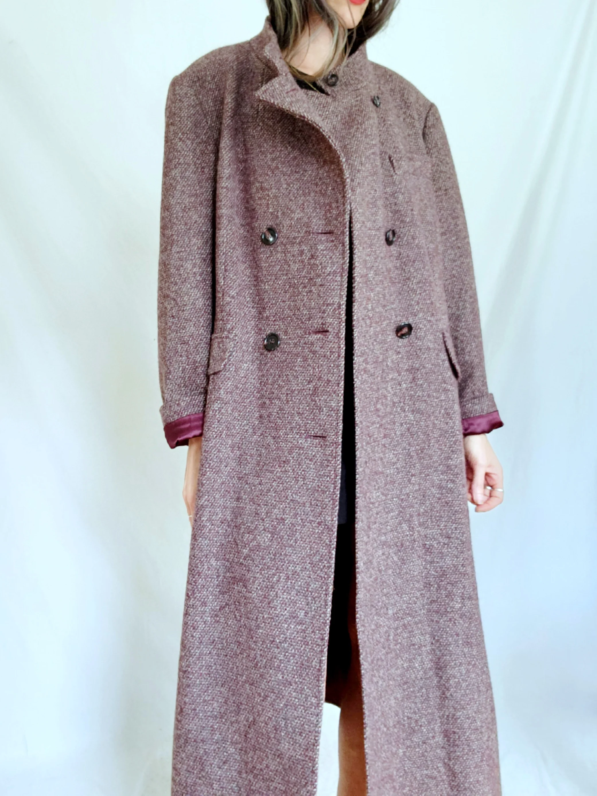 70s Minimalist Mod Burgundy Tweed Long Wool Overcoat By Bromleigh - Image 4