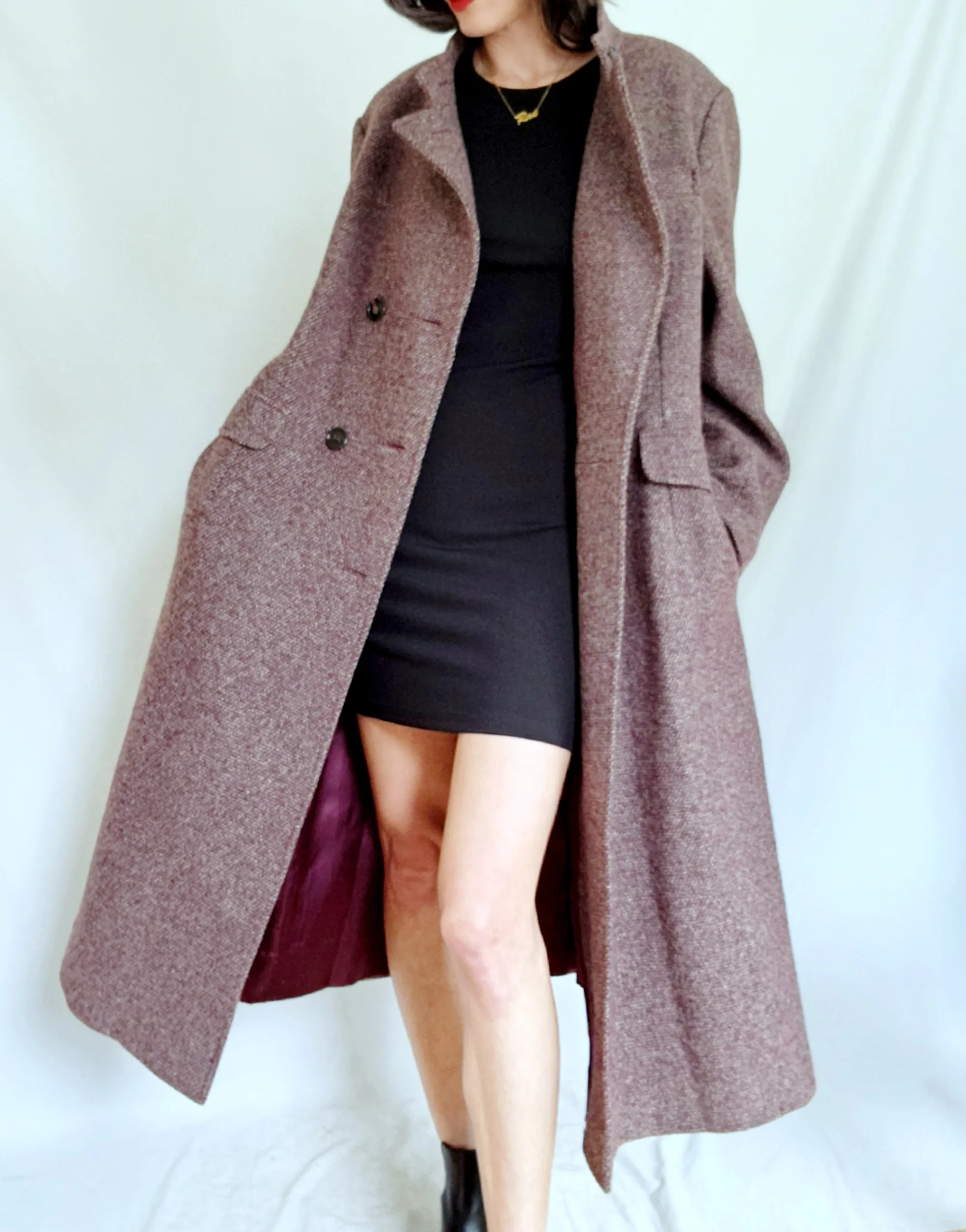 70s Minimalist Mod Burgundy Tweed Long Wool Overcoat By Bromleigh - Image 6