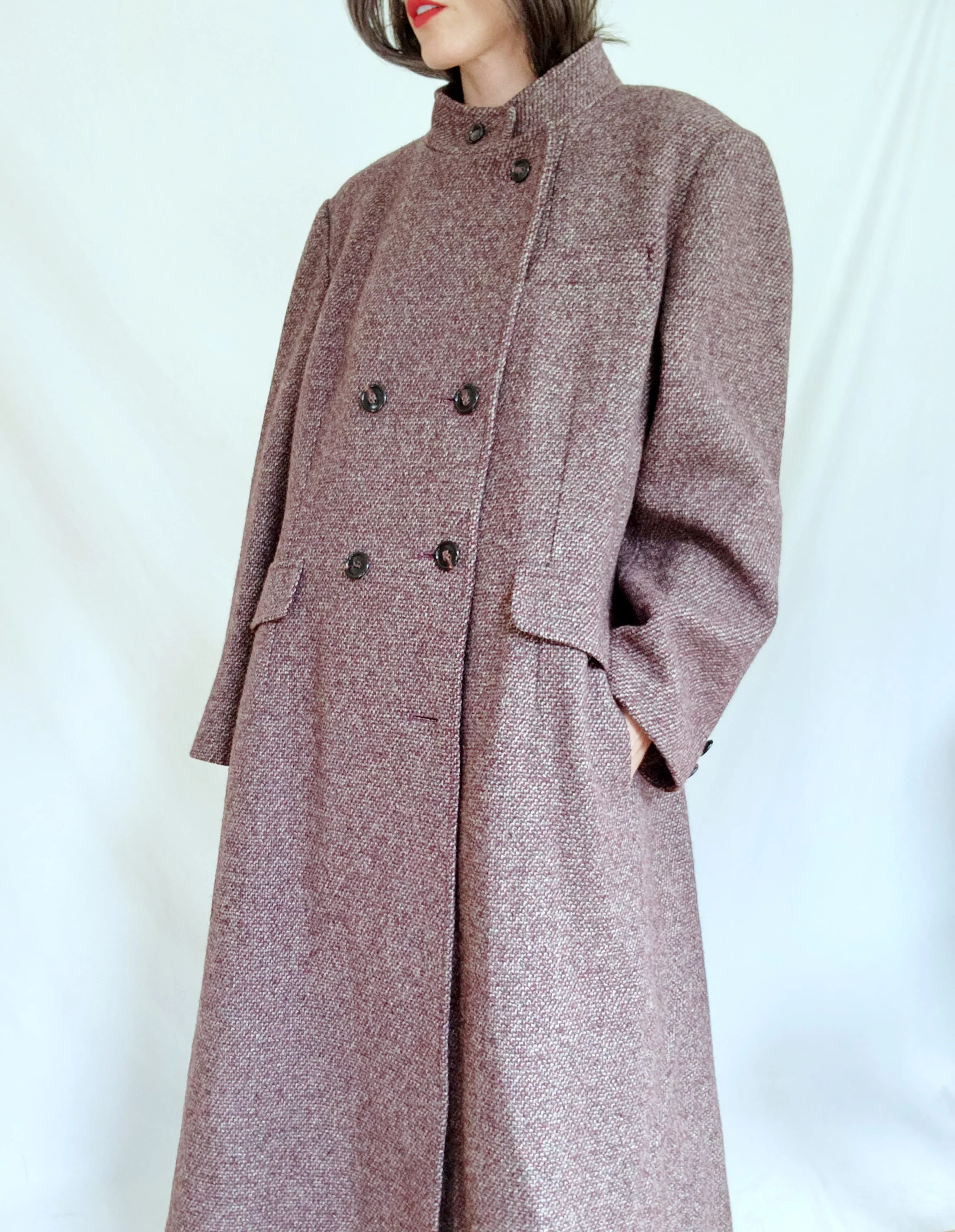 70s Minimalist Mod Burgundy Tweed Long Wool Overcoat By Bromleigh - Image 8
