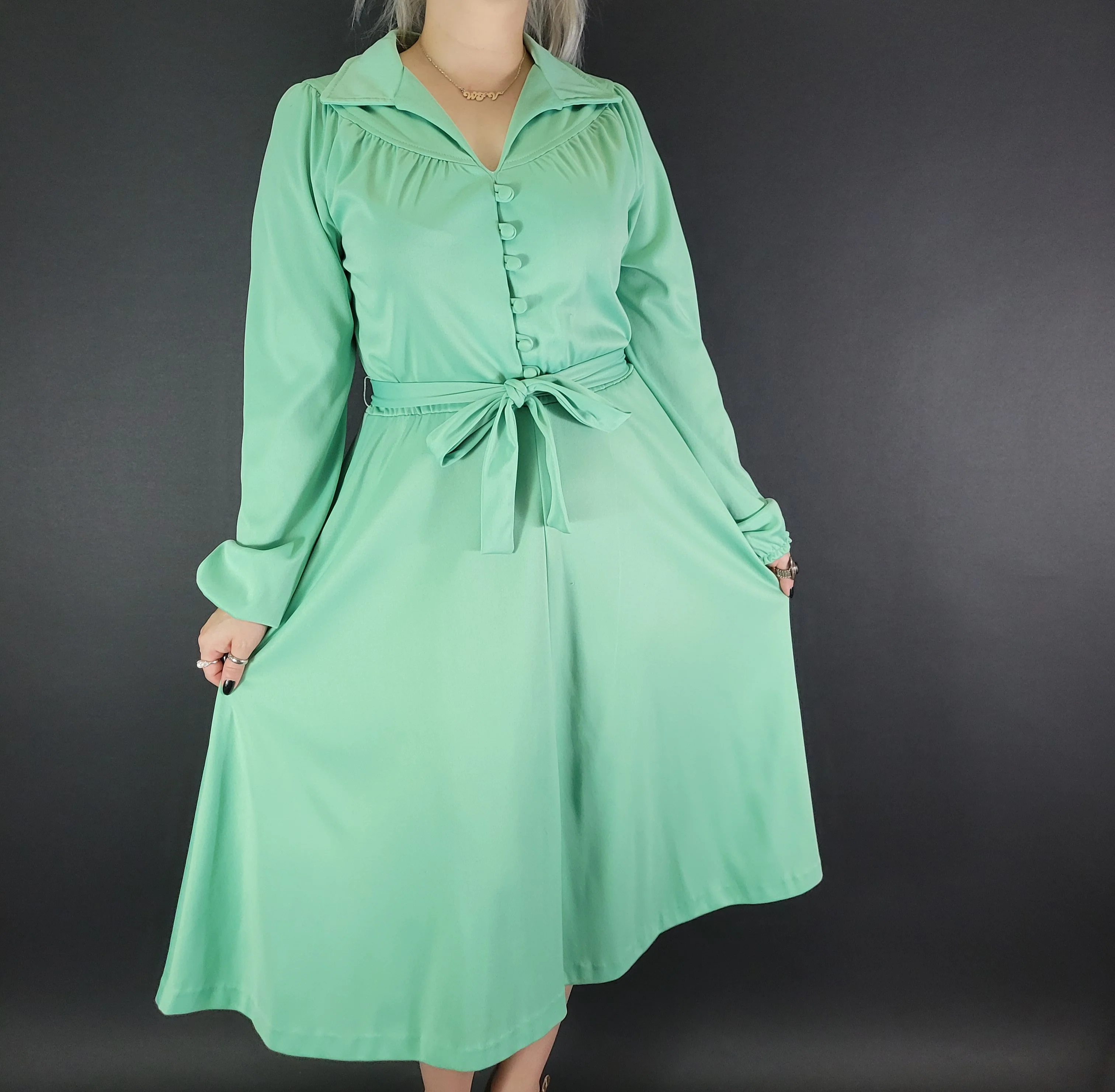 70s Mint Green Long Sleeve Shirtwaist Dress By Sears - Image 3