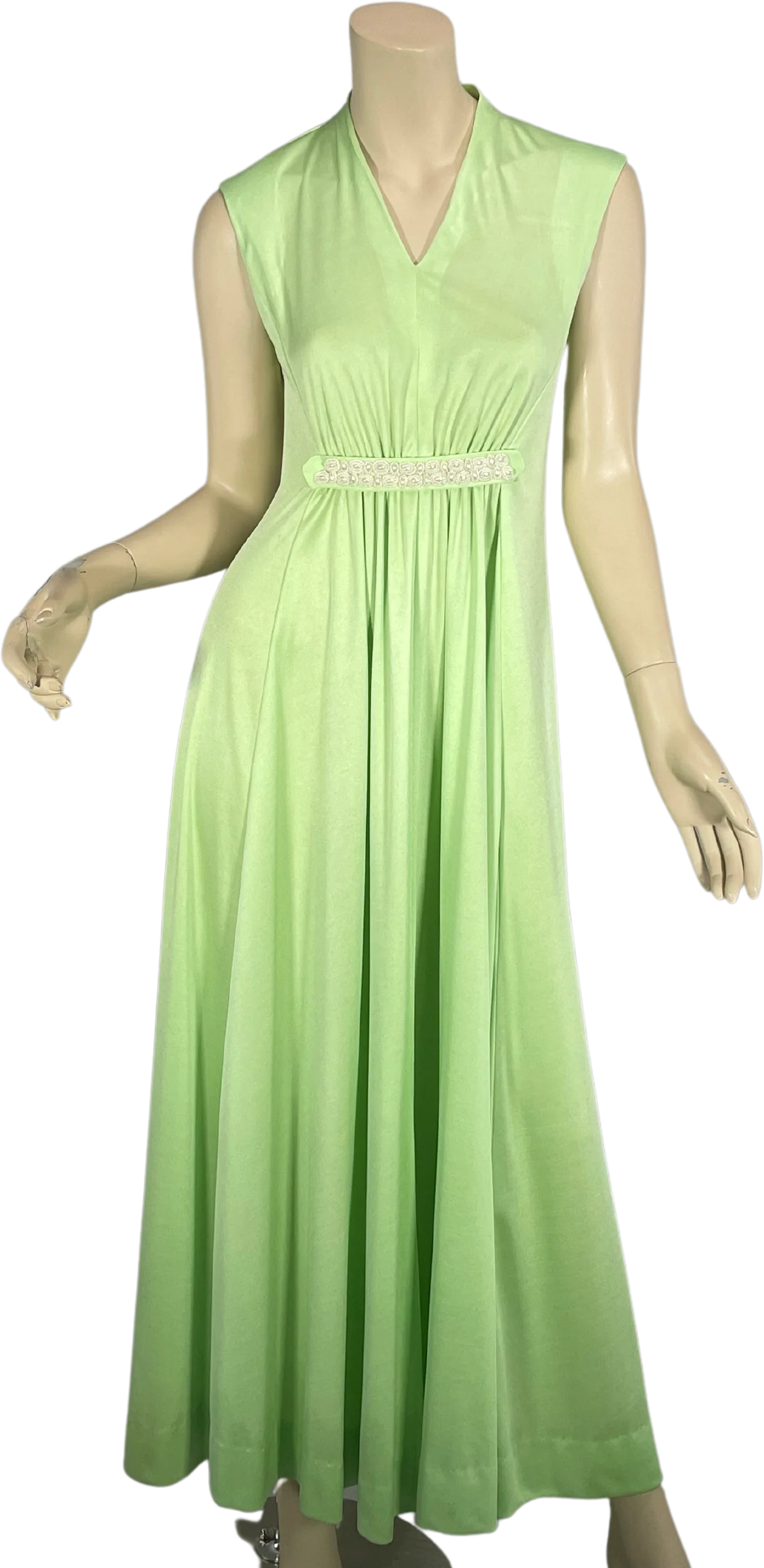 70s Mint Green Poly Disco Maxi Dress Pearl Trim Retro