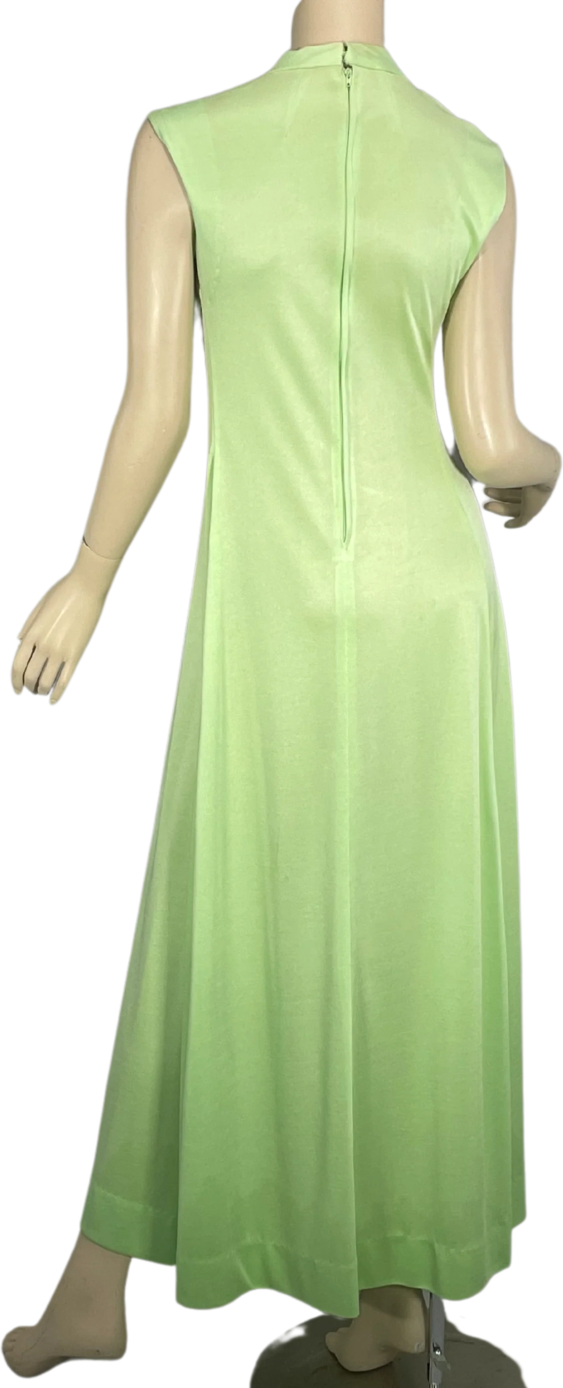 70s Mint Green Poly Disco Maxi Dress Pearl Trim Retro - Image 2
