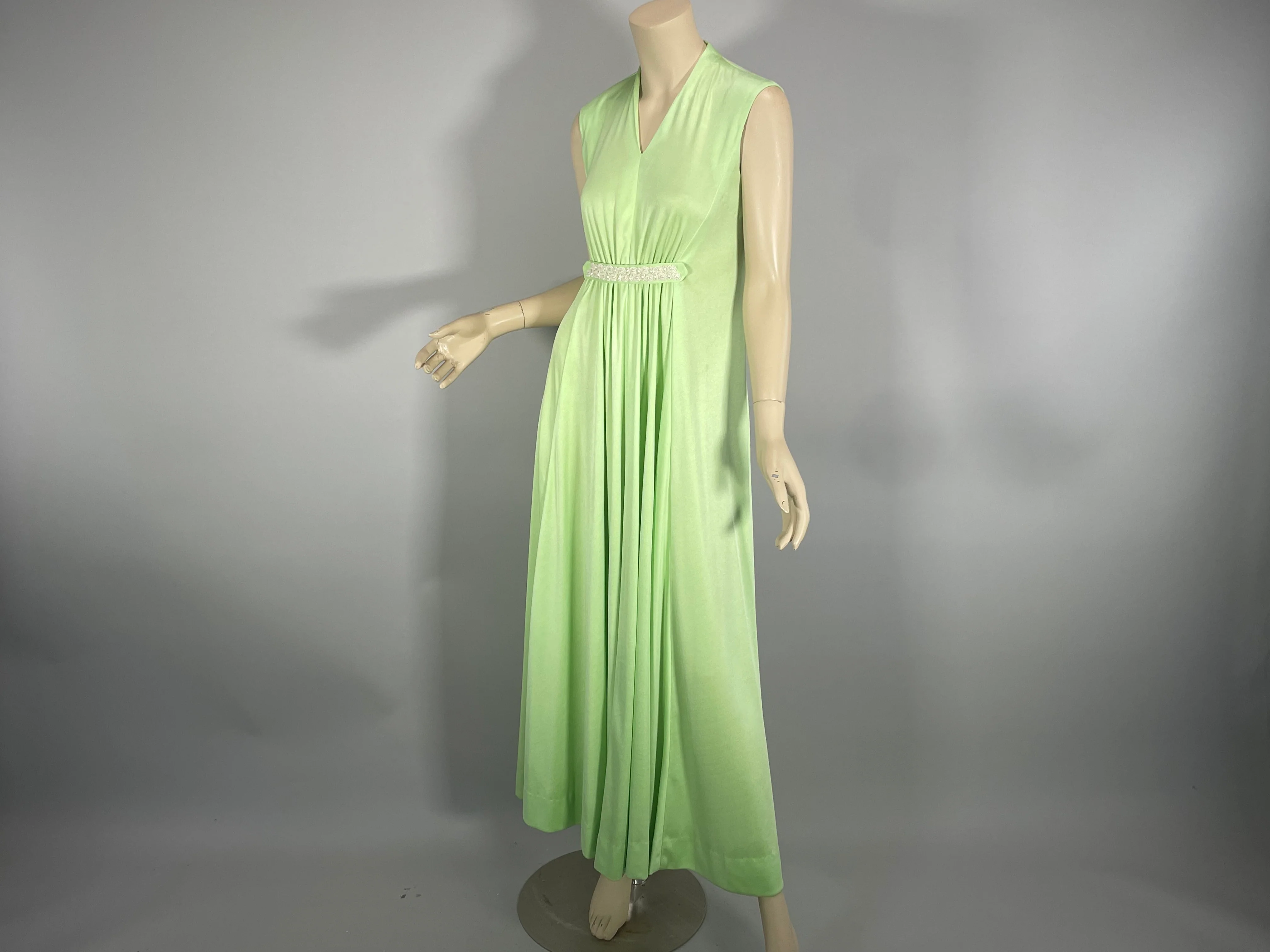 70s Mint Green Poly Disco Maxi Dress Pearl Trim Retro - Image 6