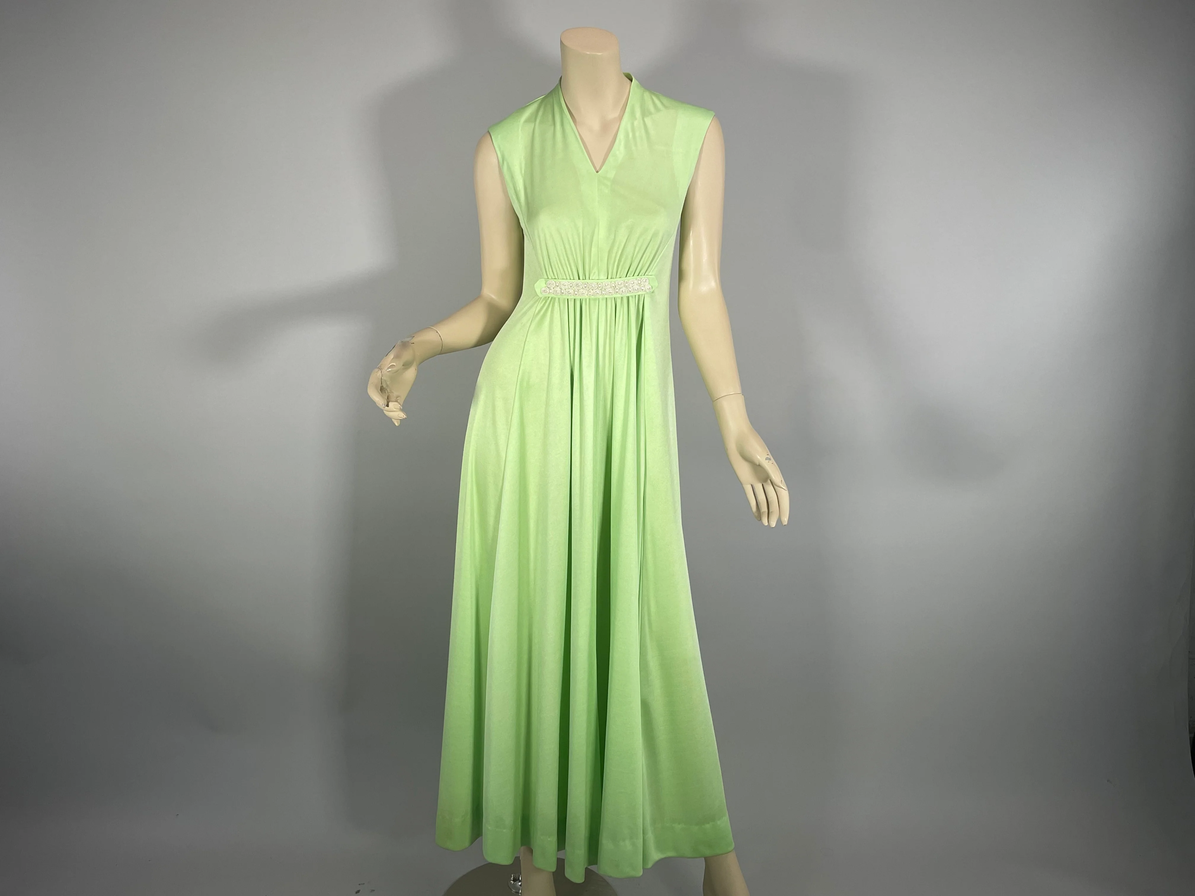 70s Mint Green Poly Disco Maxi Dress Pearl Trim Retro - Image 8