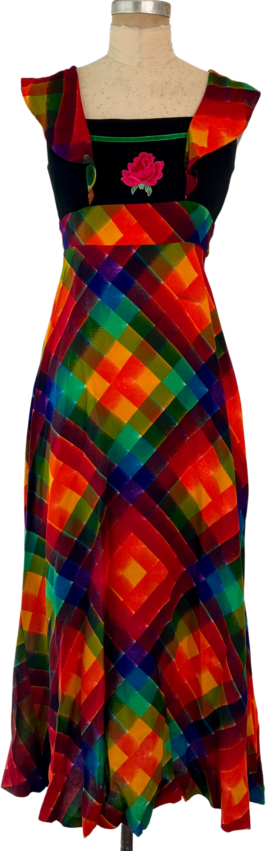 70s Mod Plaid Rose Appliqué Maxi Dress