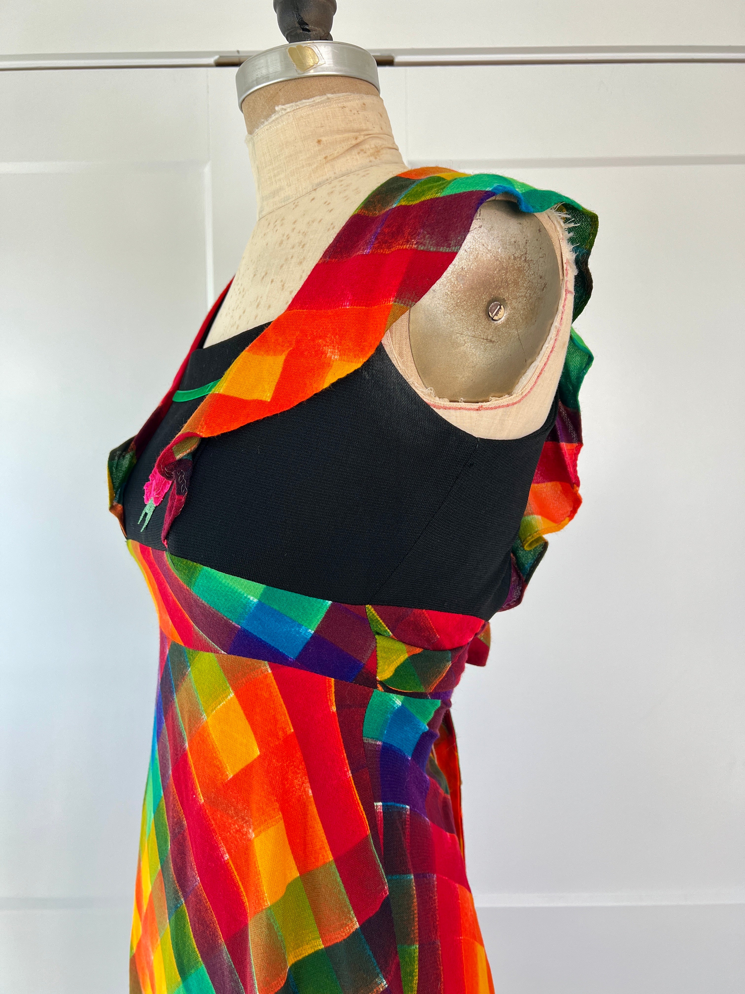 70s Mod Plaid Rose Appliqué Maxi Dress - Image 10