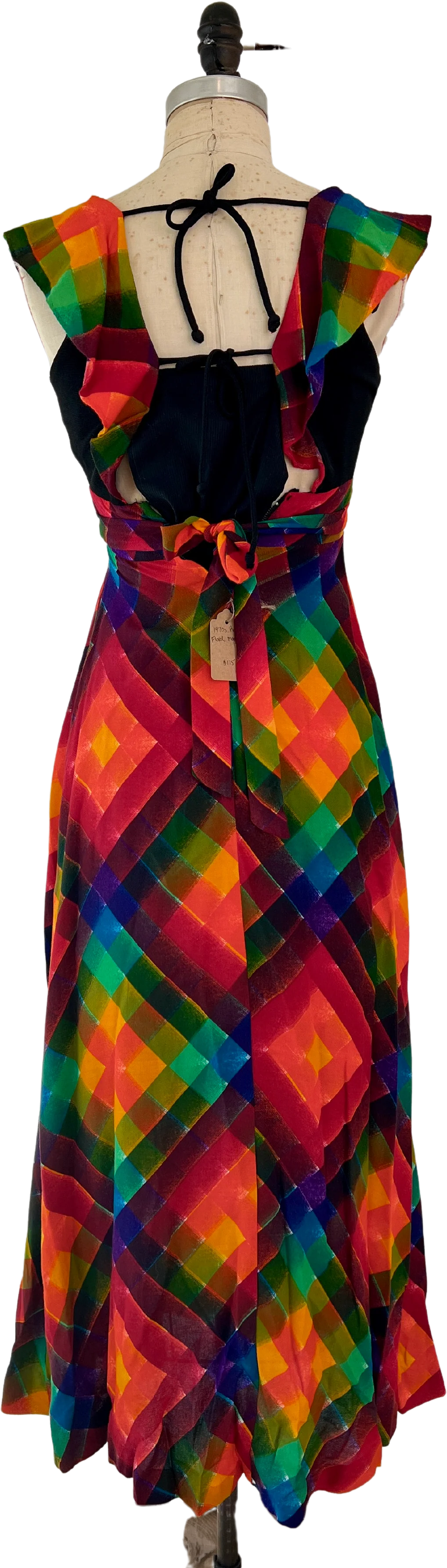 70s Mod Plaid Rose Appliqué Maxi Dress - Image 2