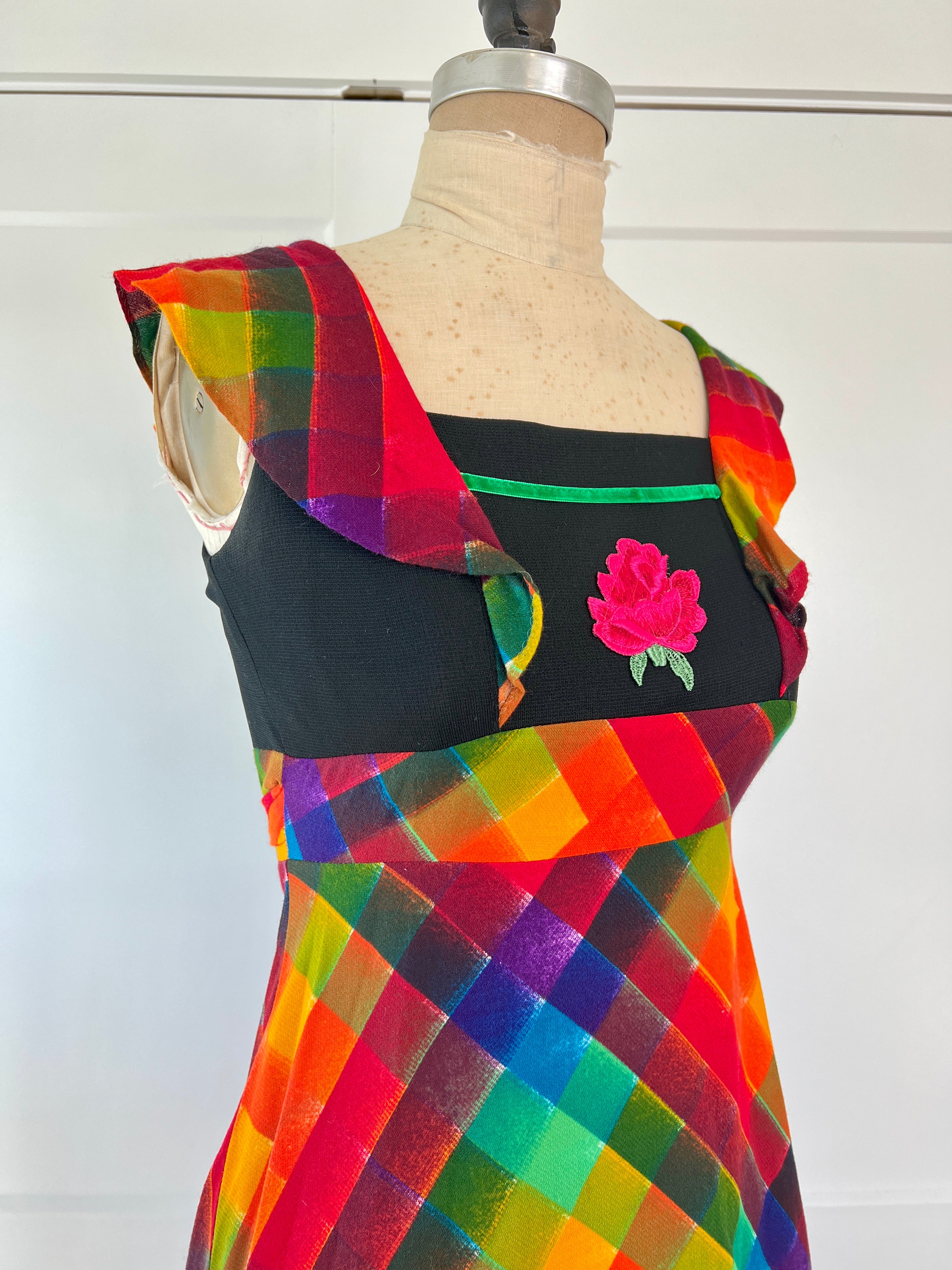 70s Mod Plaid Rose Appliqué Maxi Dress - Image 3