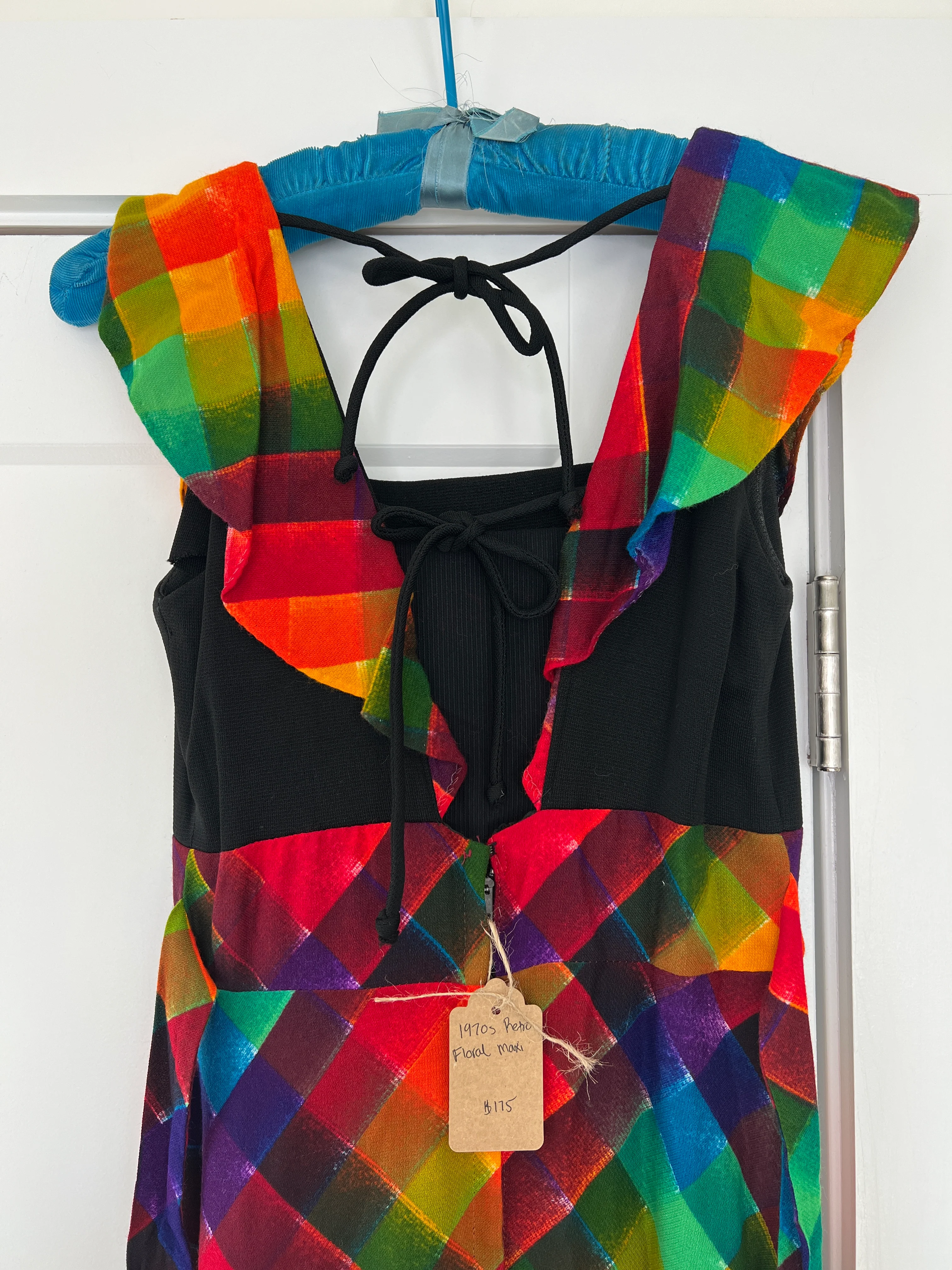 70s Mod Plaid Rose Appliqué Maxi Dress - Image 5