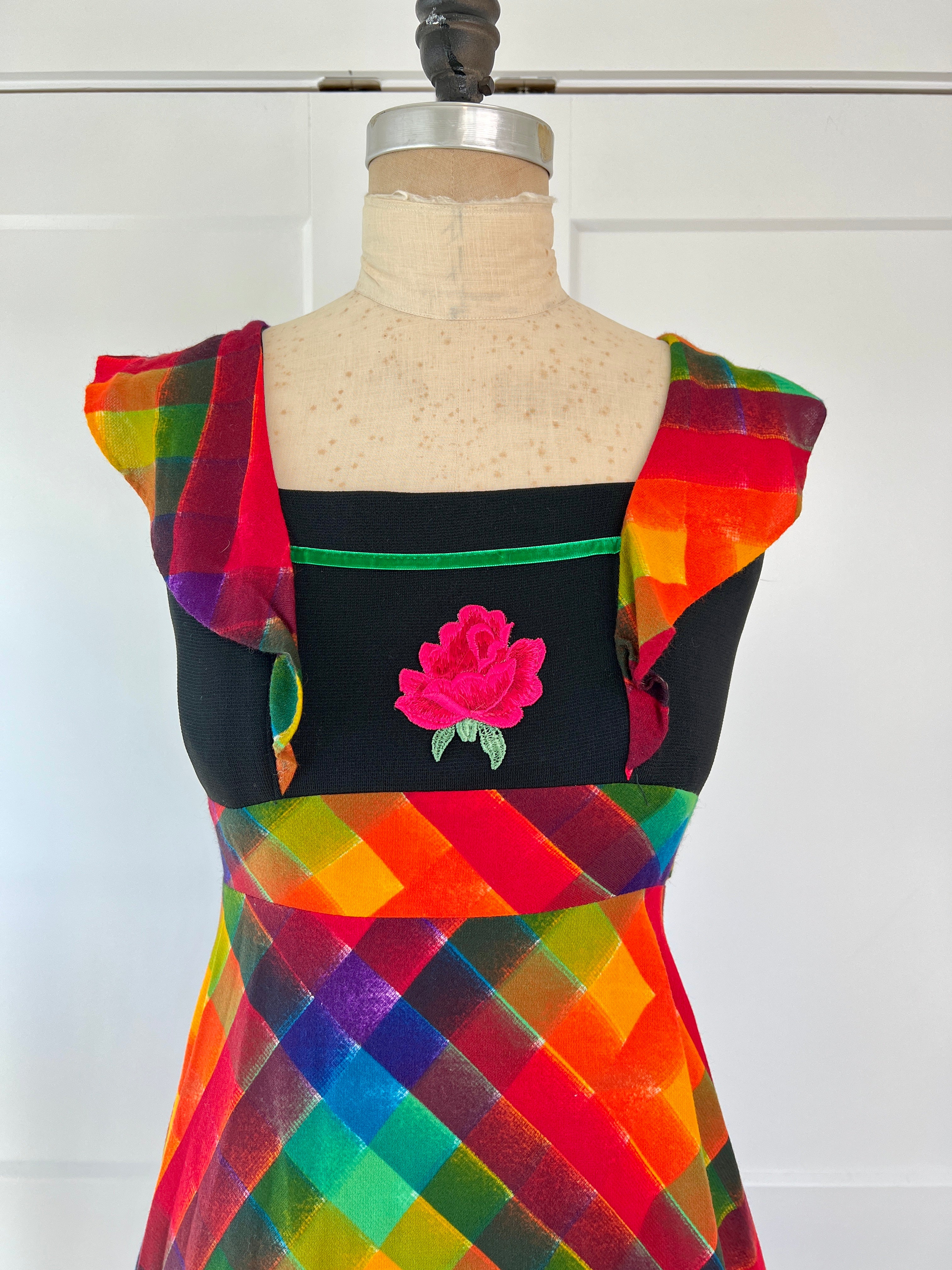 70s Mod Plaid Rose Appliqué Maxi Dress - Image 7