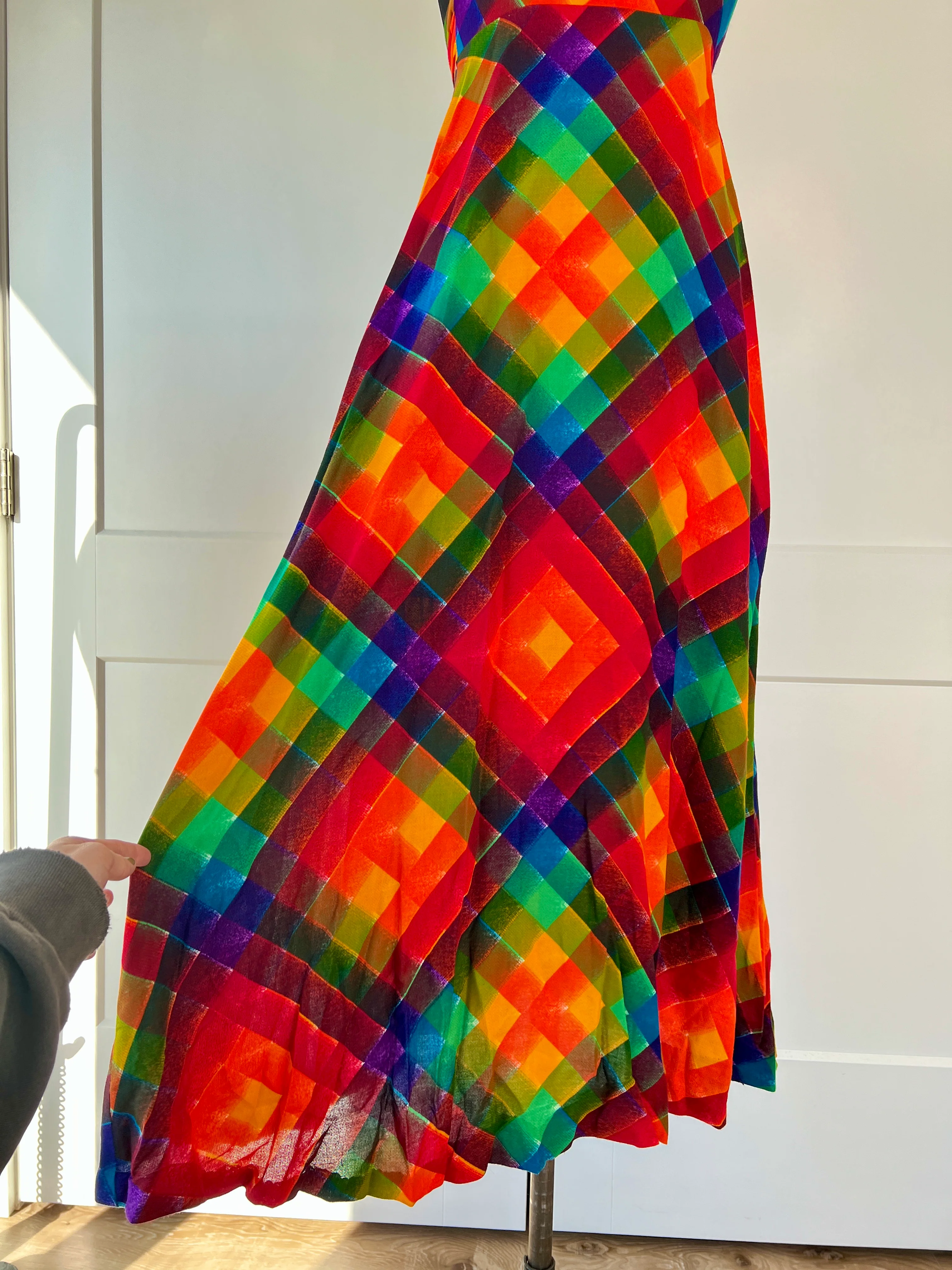 70s Mod Plaid Rose Appliqué Maxi Dress - Image 8