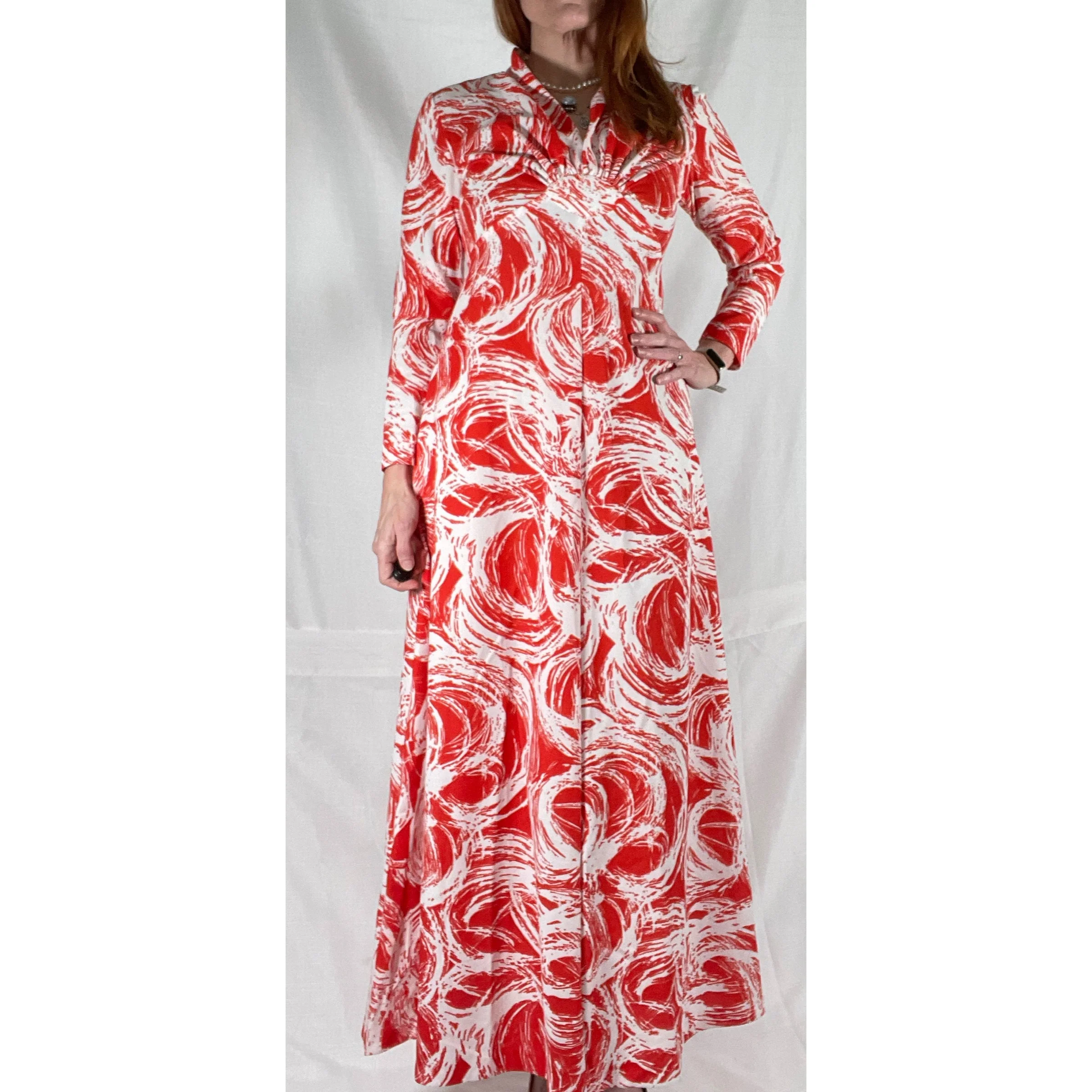 70s Multcolor Abstract Swirl Print Maxi Hostess Dress - Image 3