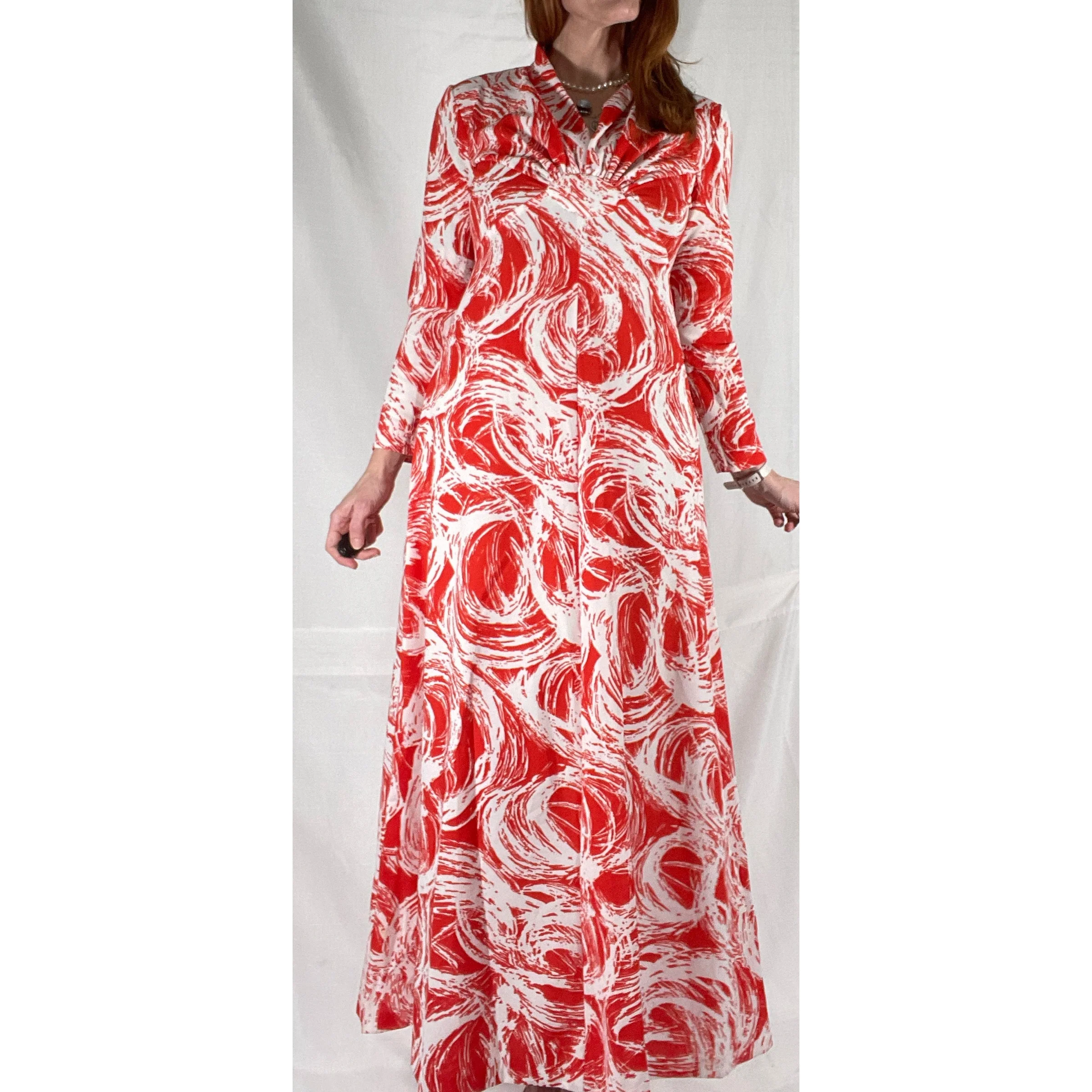 70s Multcolor Abstract Swirl Print Maxi Hostess Dress - Image 4