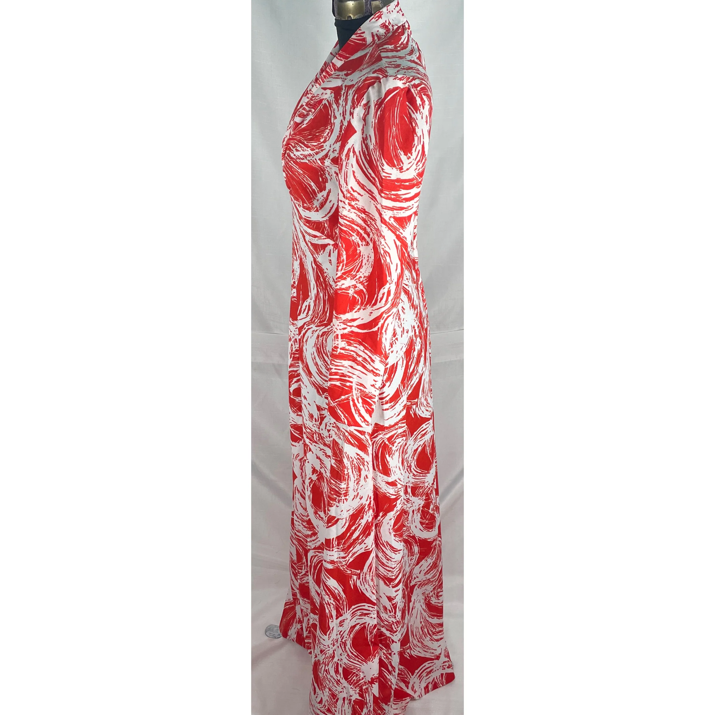 70s Multcolor Abstract Swirl Print Maxi Hostess Dress - Image 8