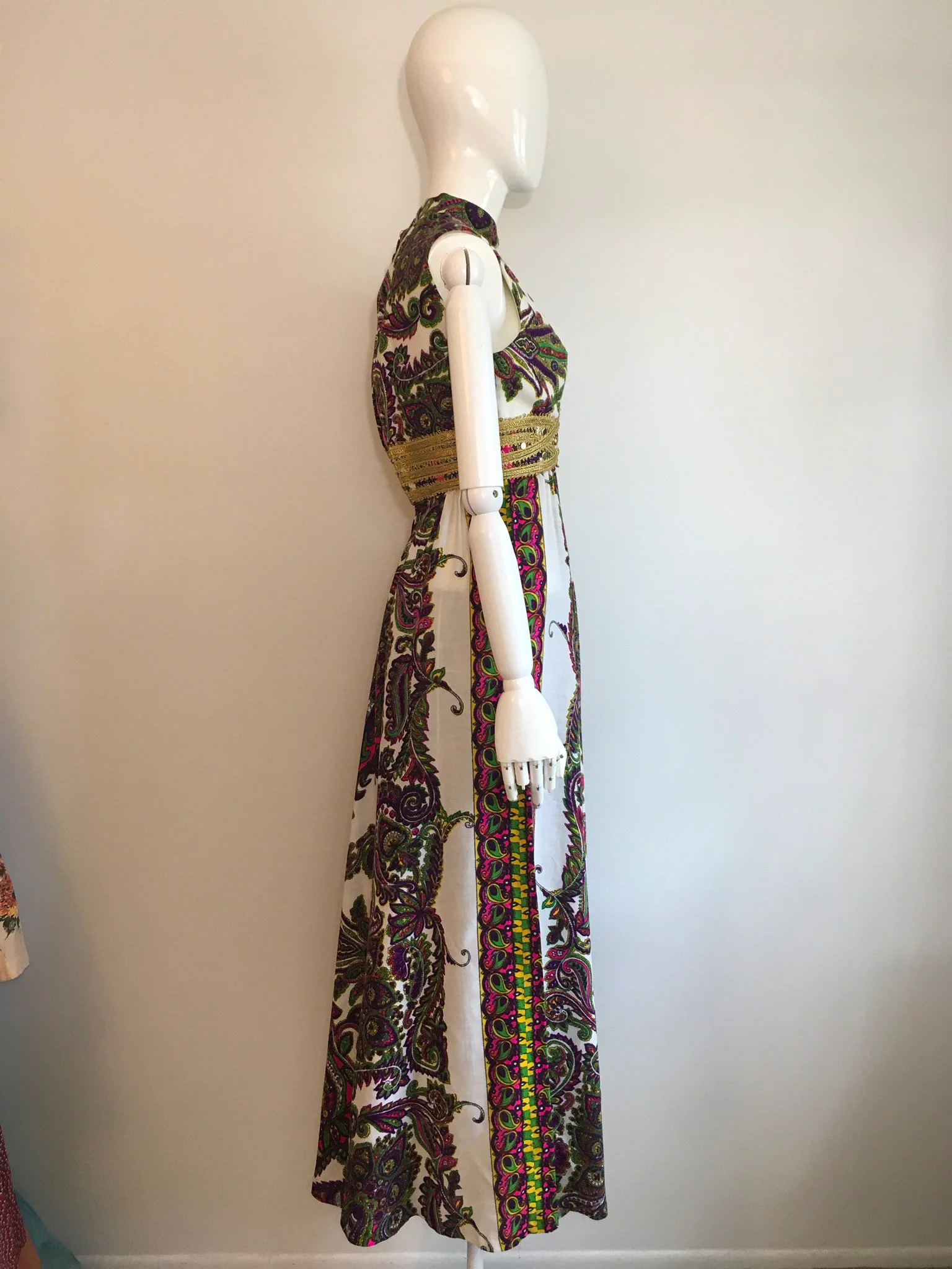 70's Multicolor Paisley Maxi Dress with Gold Empire Waist - Image 3