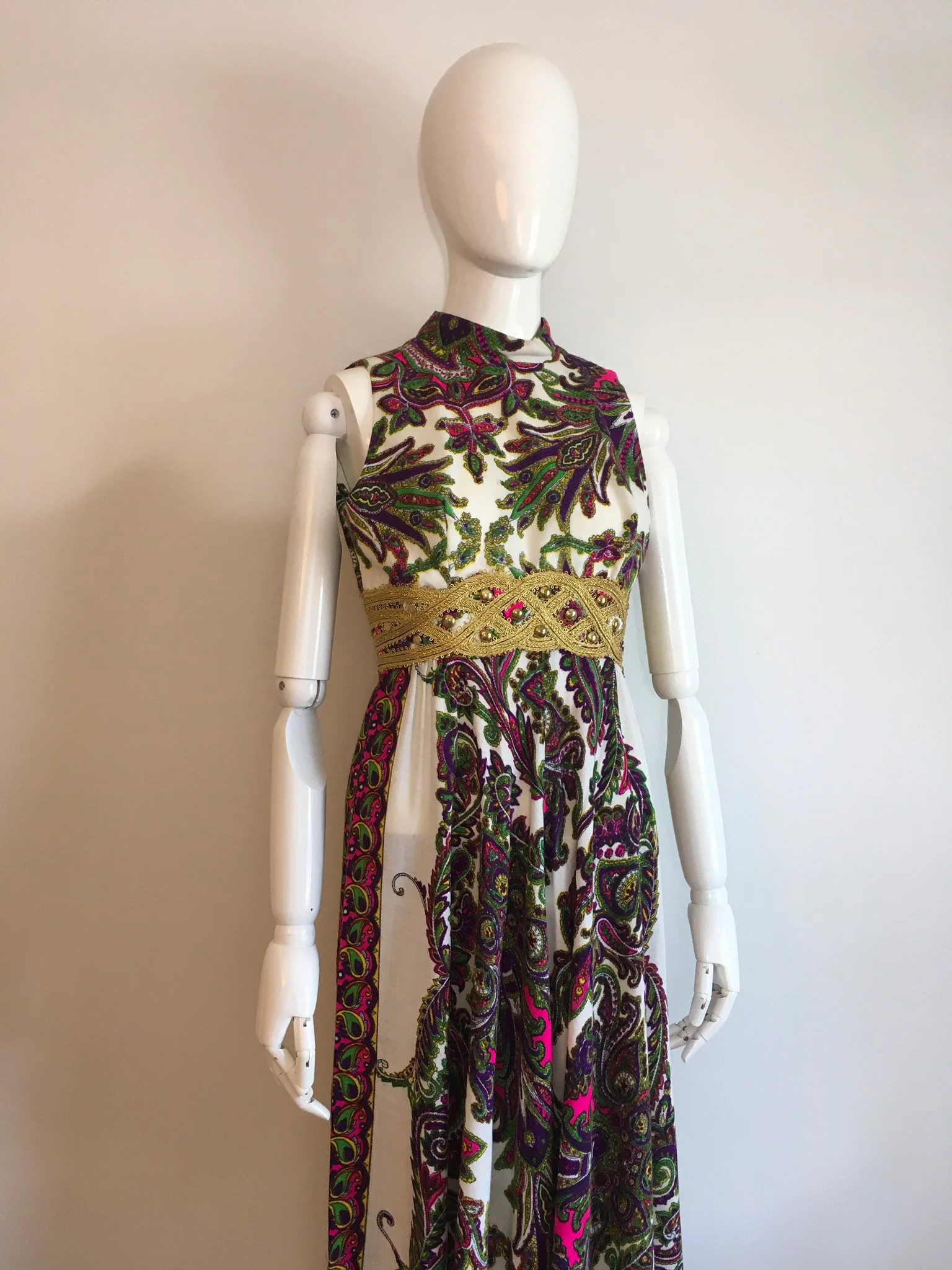 70's Multicolor Paisley Maxi Dress with Gold Empire Waist - Image 4