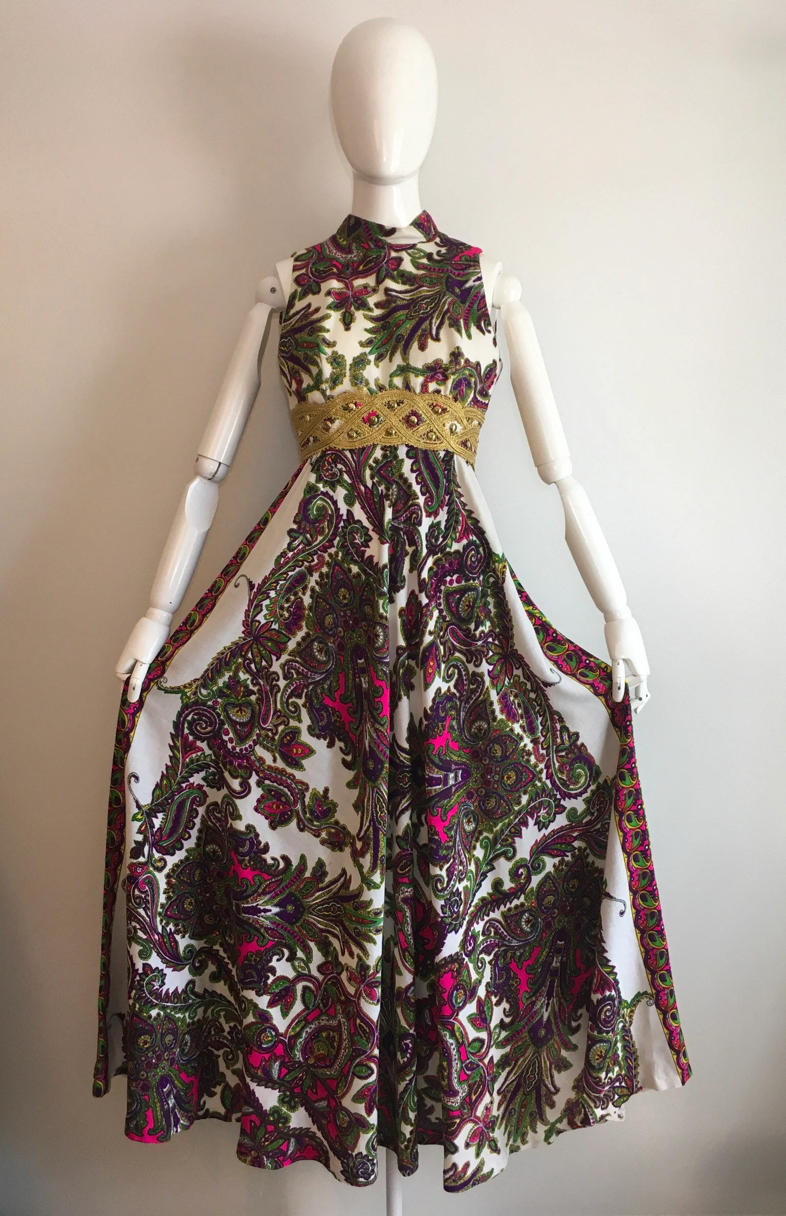 70's Multicolor Paisley Maxi Dress with Gold Empire Waist - Image 5