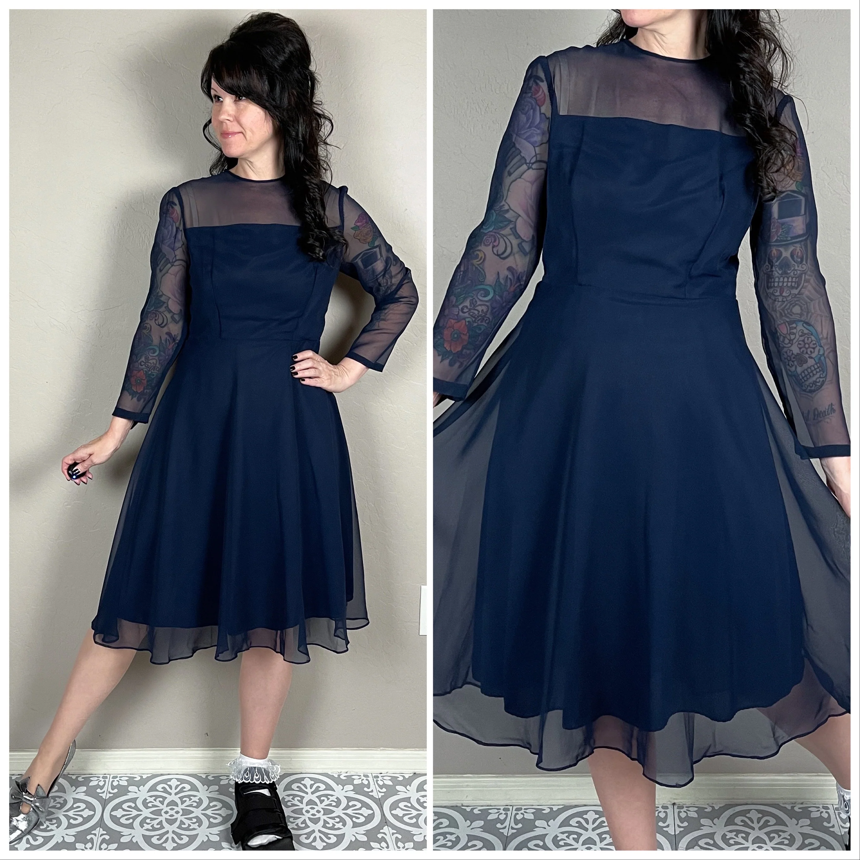 70s Navy Blue Illusion Long Sleeve A-line Dress - Image 2
