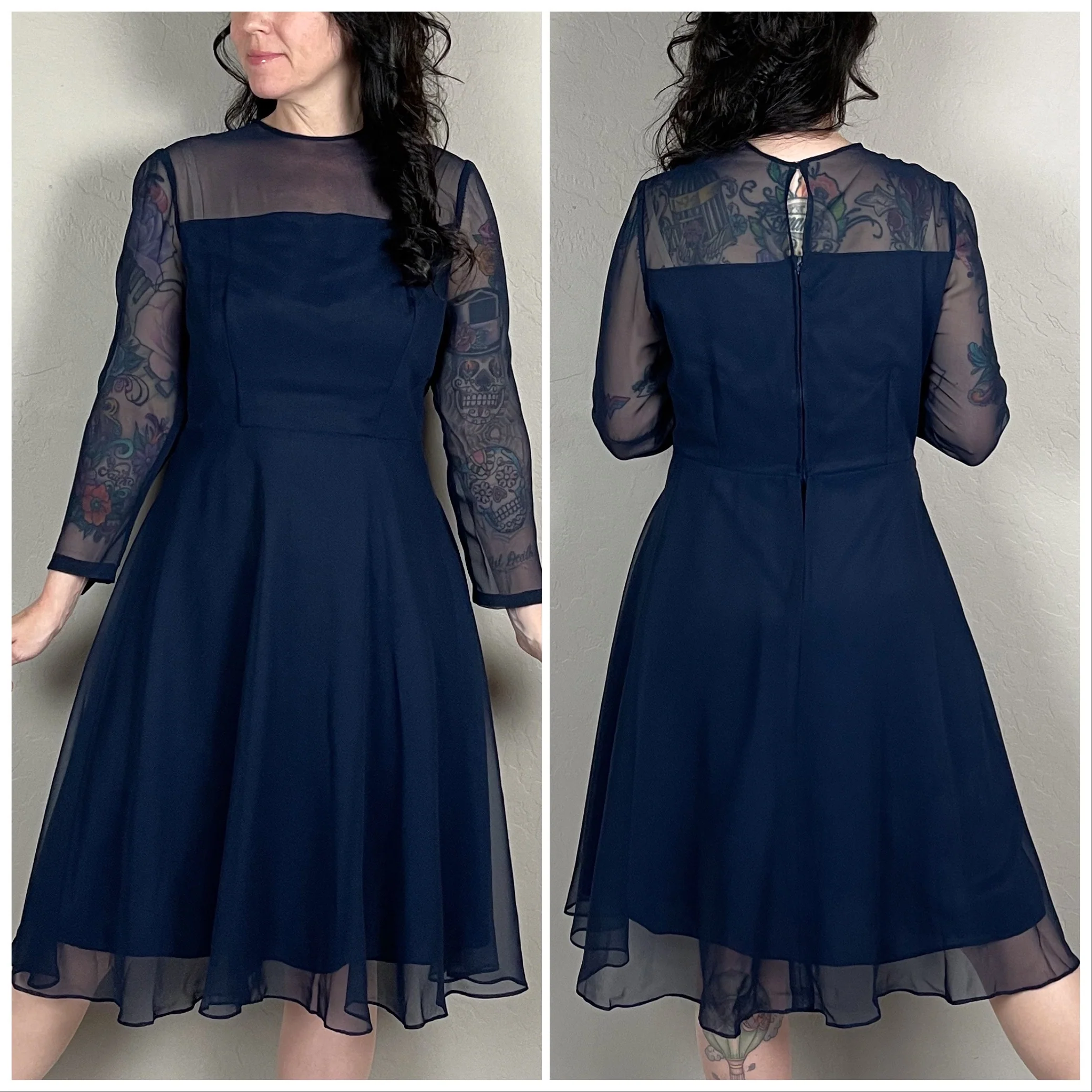70s Navy Blue Illusion Long Sleeve A-line Dress - Image 4