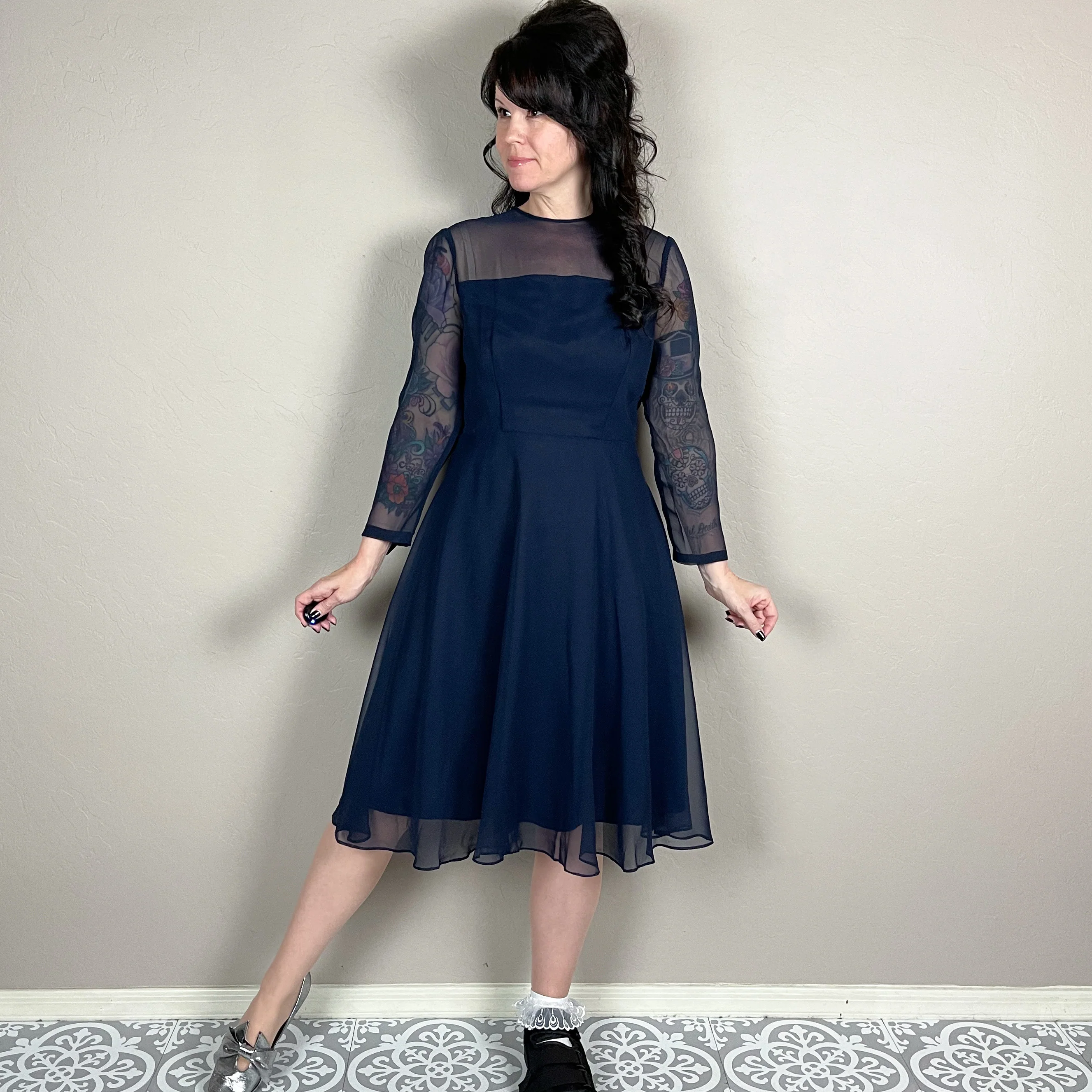 70s Navy Blue Illusion Long Sleeve A-line Dress - Image 5