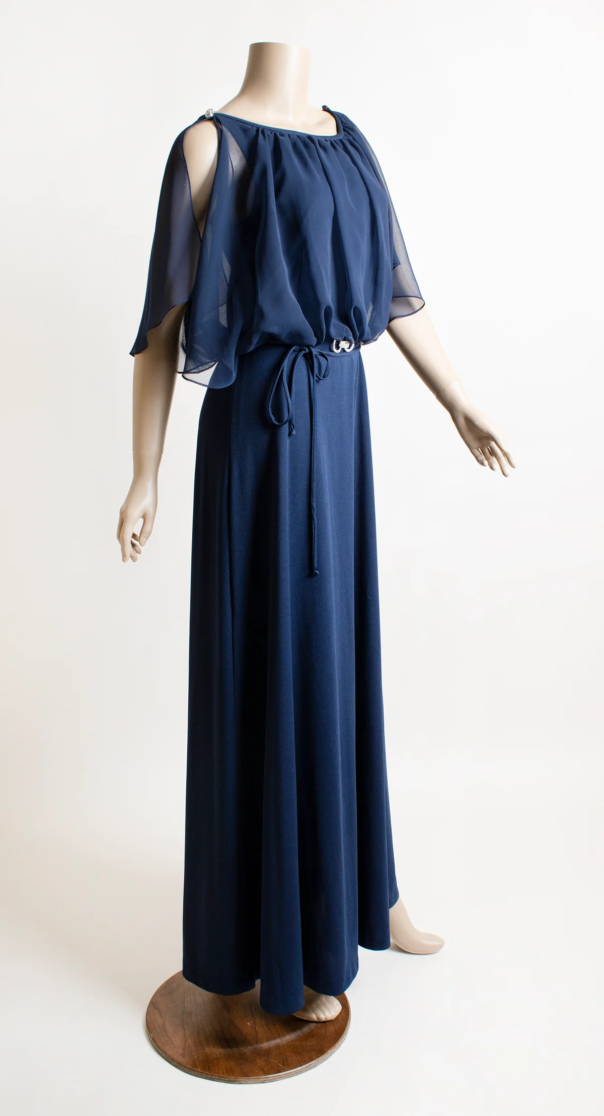 70s Navy Blue Sheer Angel Cape Evening Maxi Dress - Image 3