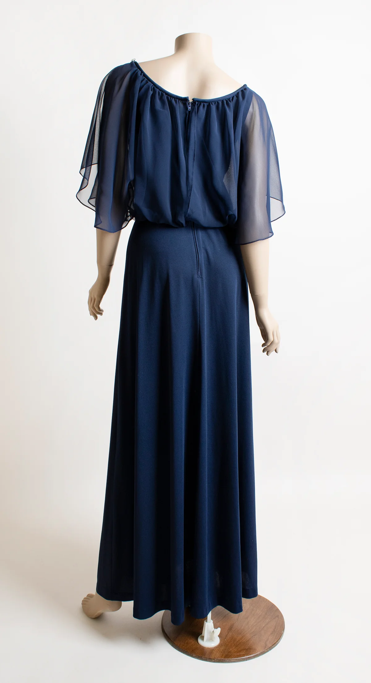 70s Navy Blue Sheer Angel Cape Evening Maxi Dress - Image 4