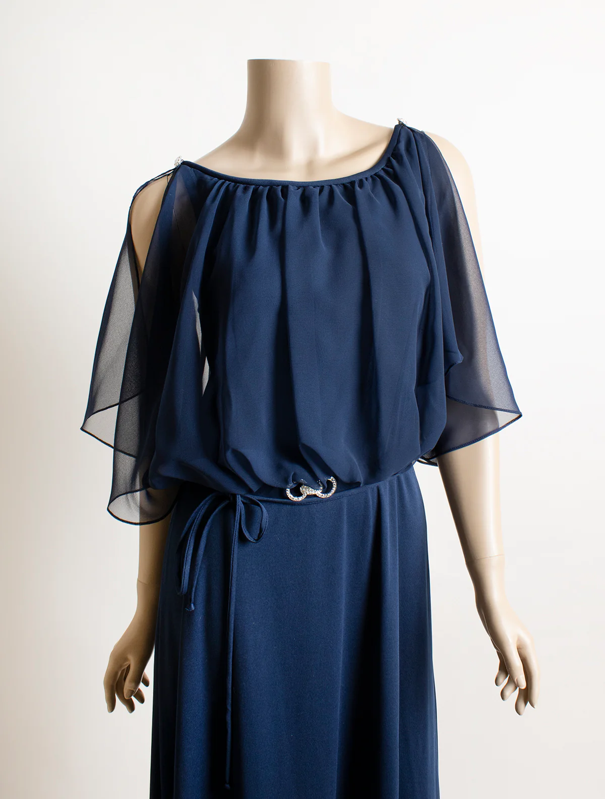 70s Navy Blue Sheer Angel Cape Evening Maxi Dress - Image 5