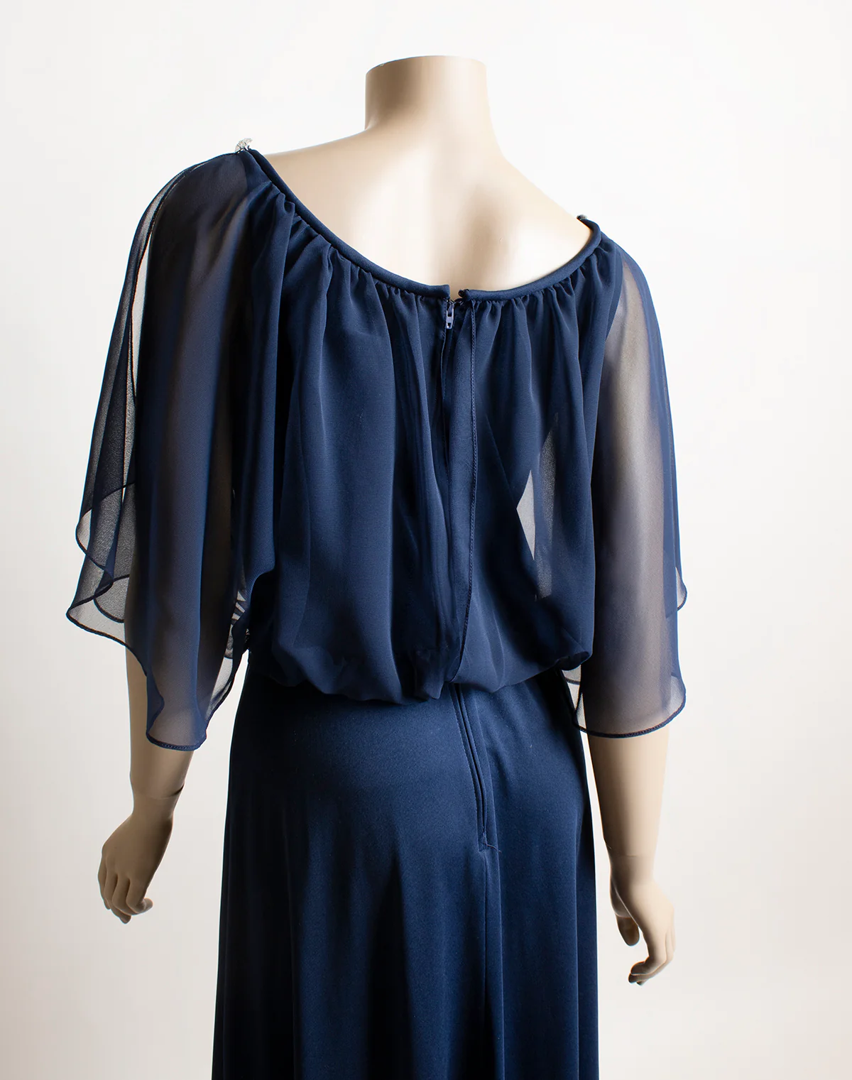 70s Navy Blue Sheer Angel Cape Evening Maxi Dress - Image 7