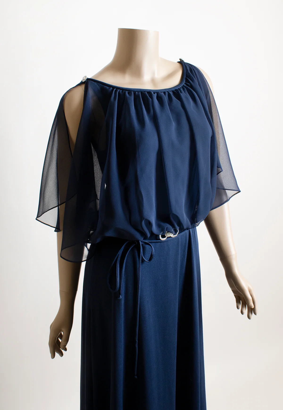 70s Navy Blue Sheer Angel Cape Evening Maxi Dress - Image 8