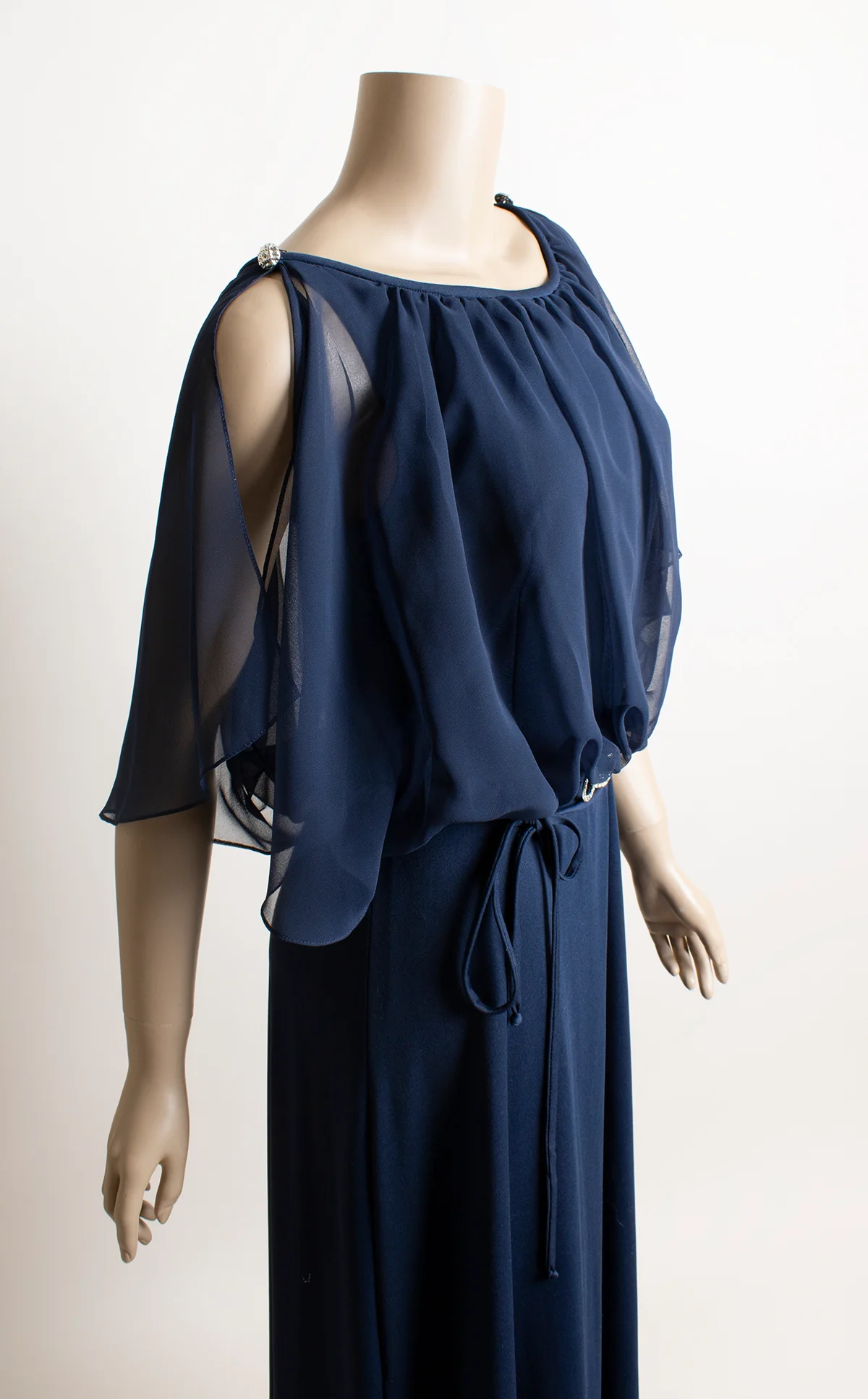 70s Navy Blue Sheer Angel Cape Evening Maxi Dress - Image 9