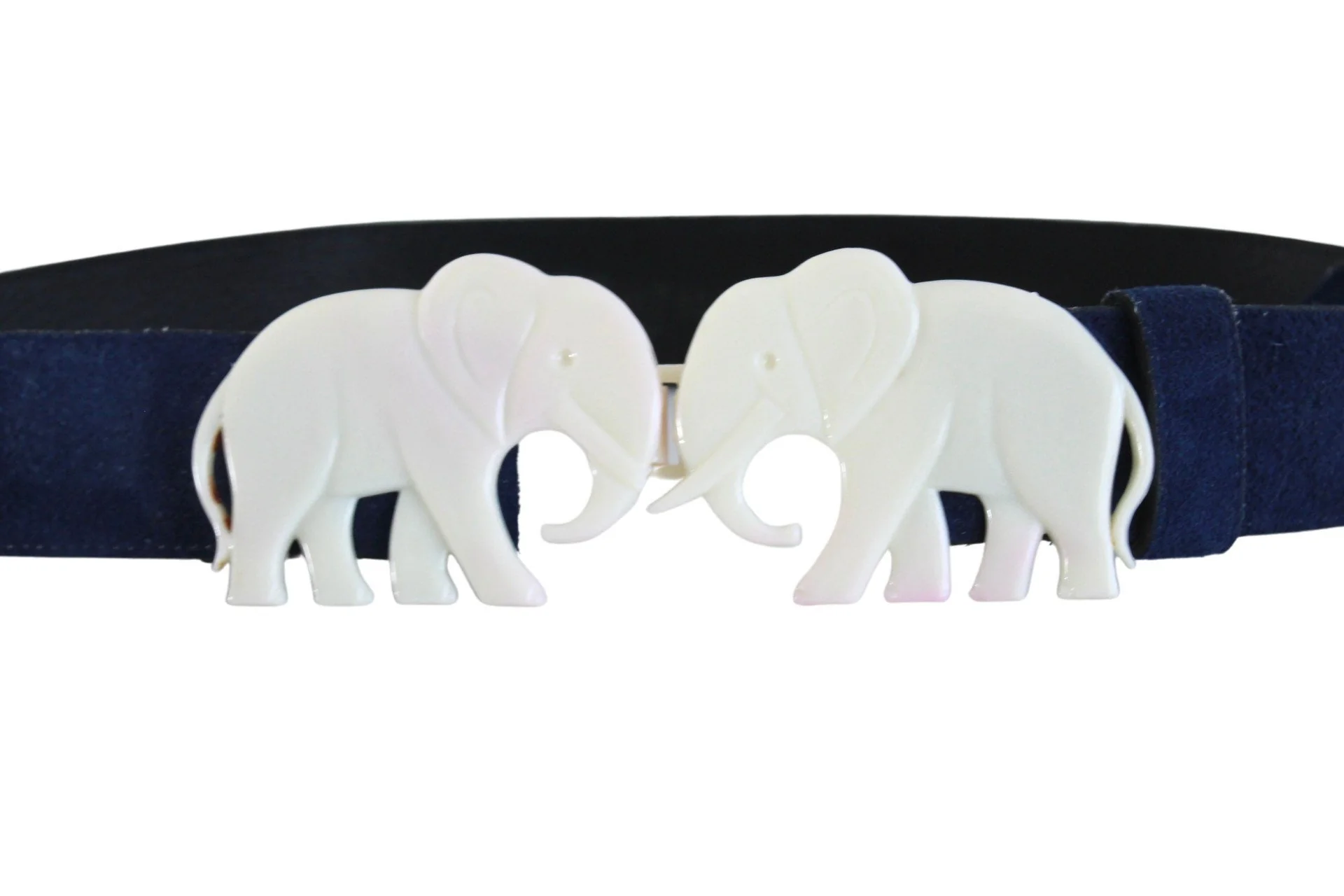 70s Navy Blue Suede Leather Belt with Elephant Buckle - Image 2