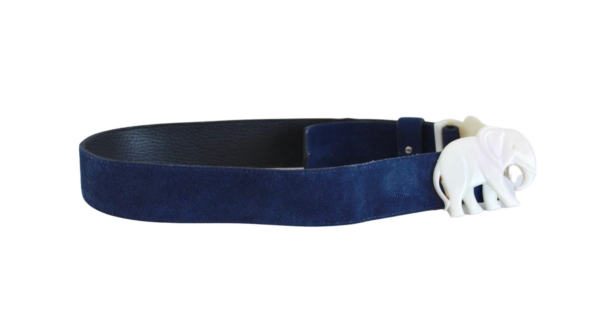 70s Navy Blue Suede Leather Belt with Elephant Buckle - Image 4