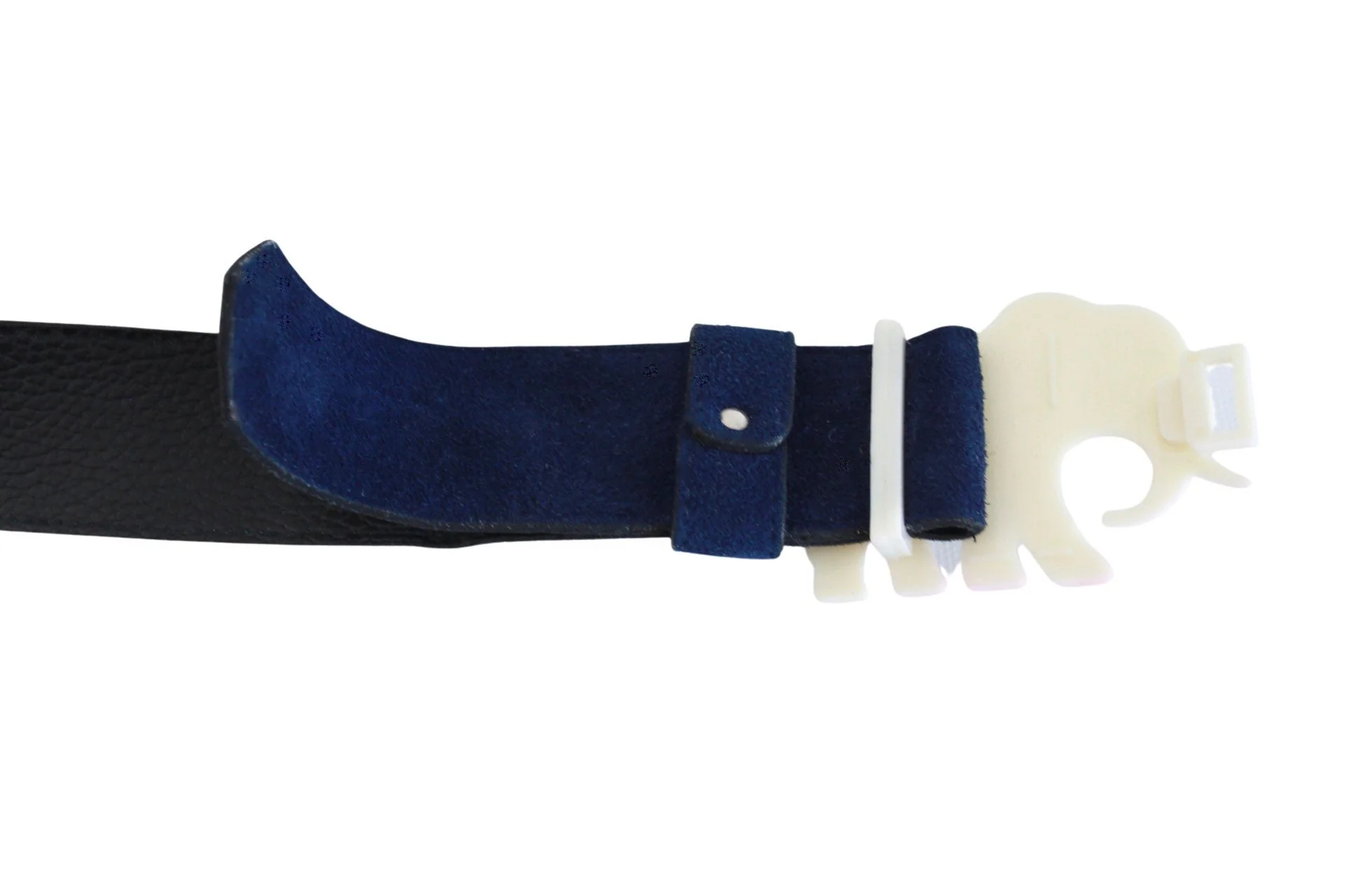 70s Navy Blue Suede Leather Belt with Elephant Buckle - Image 5