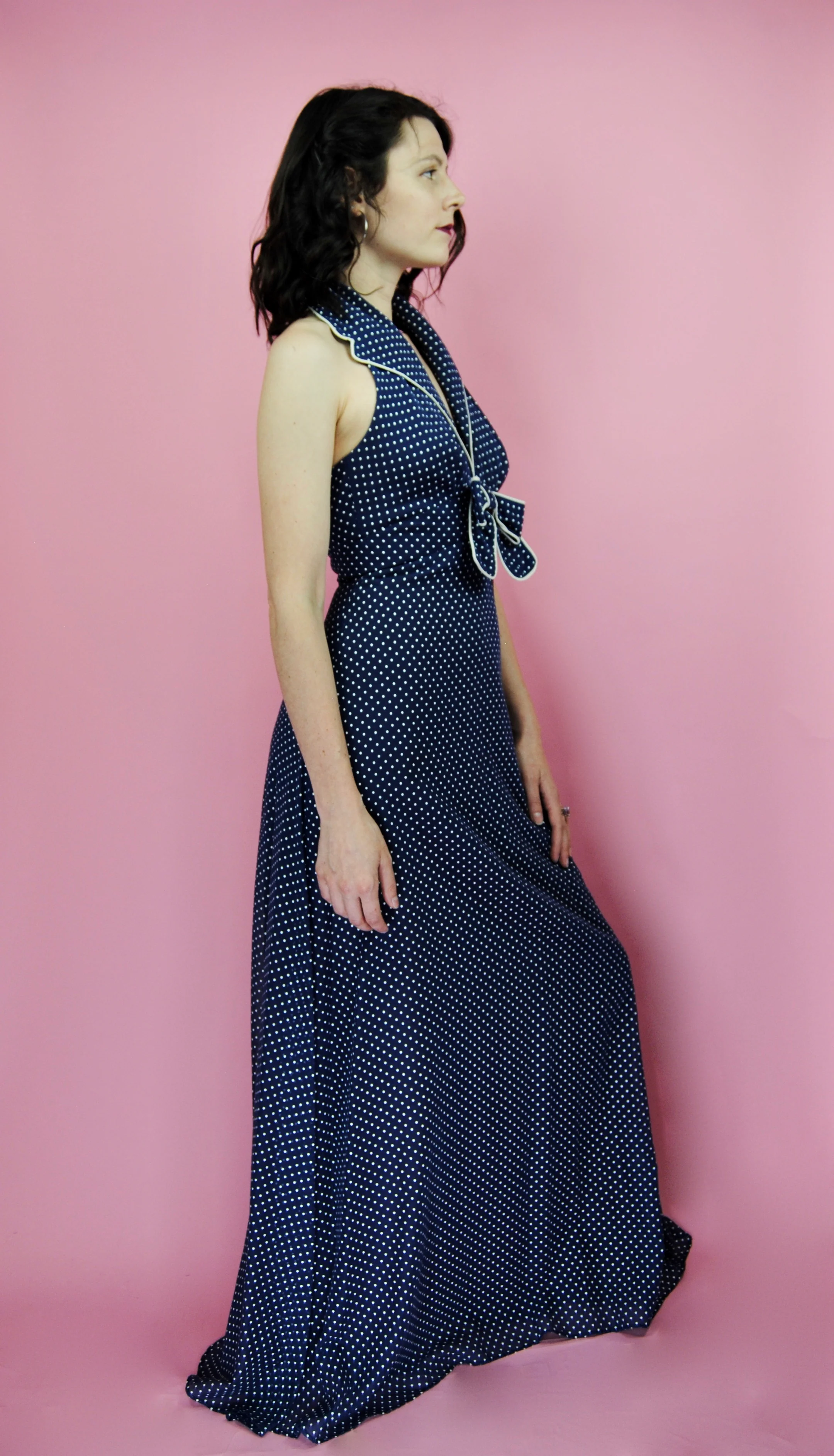 70s Navy Blue Swiss Dot Halter Maxi Gown With Bolero By Miss Elliette - Image 3