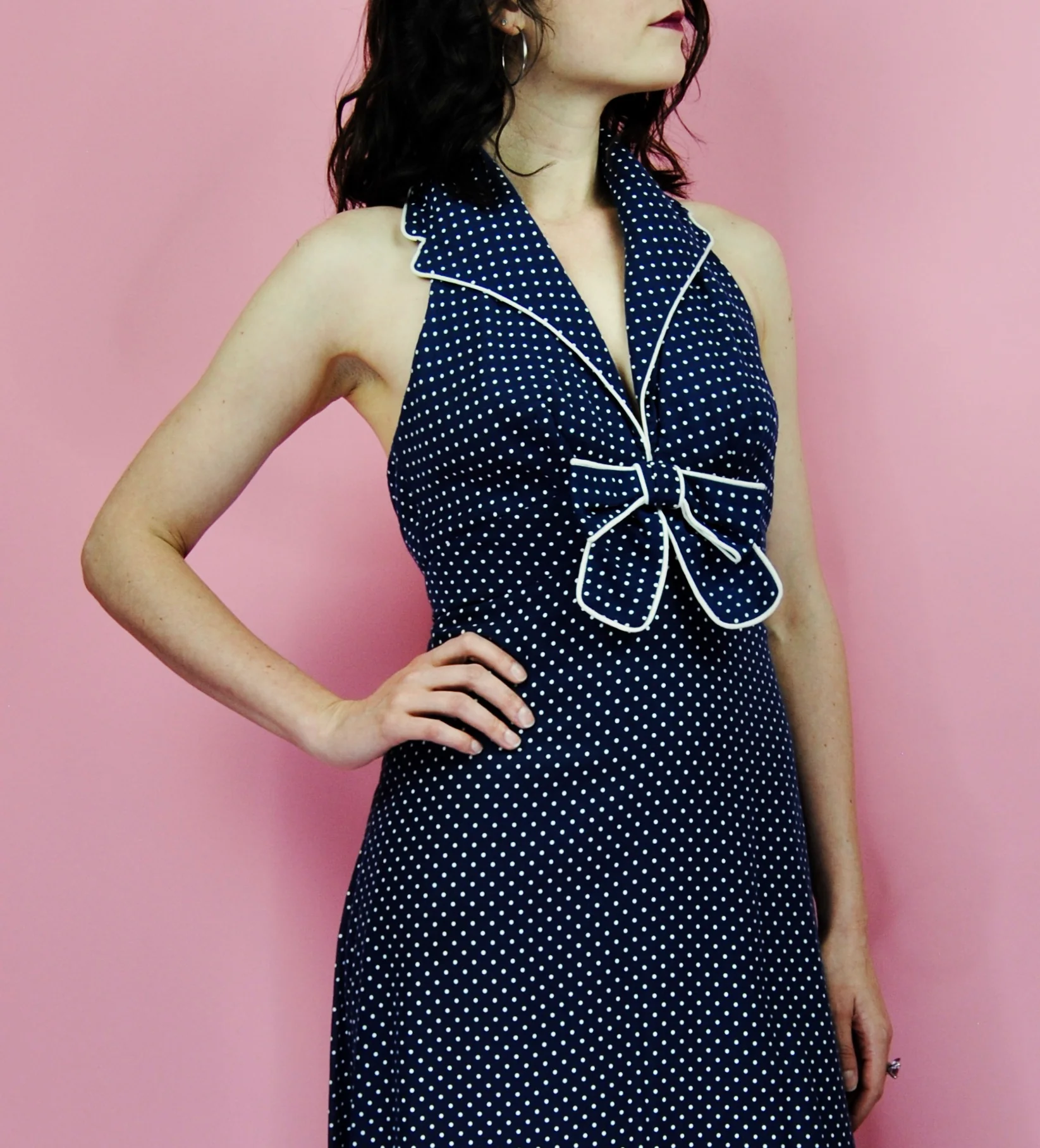 70s Navy Blue Swiss Dot Halter Maxi Gown With Bolero By Miss Elliette - Image 4