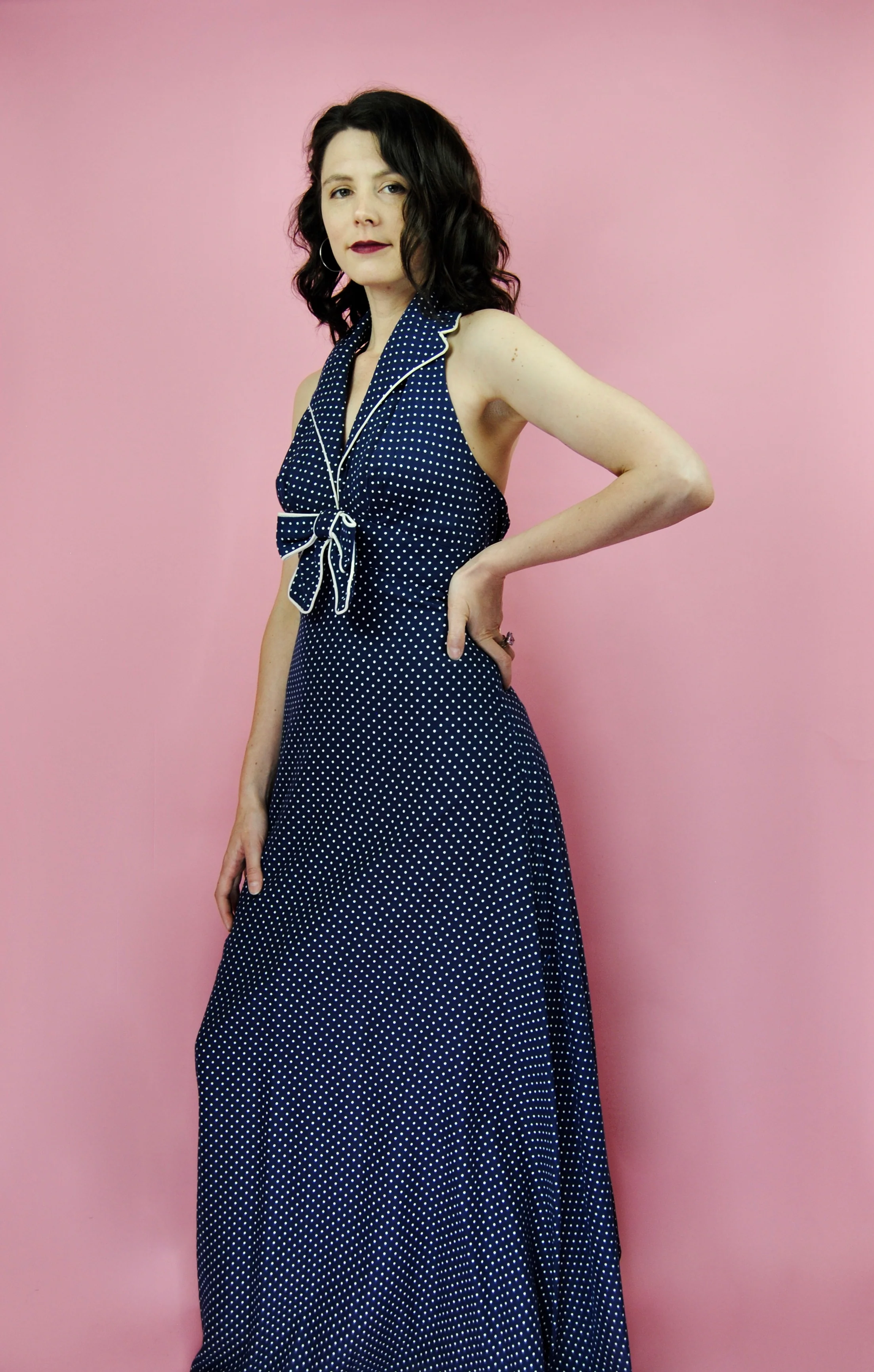 70s Navy Blue Swiss Dot Halter Maxi Gown With Bolero By Miss Elliette - Image 5