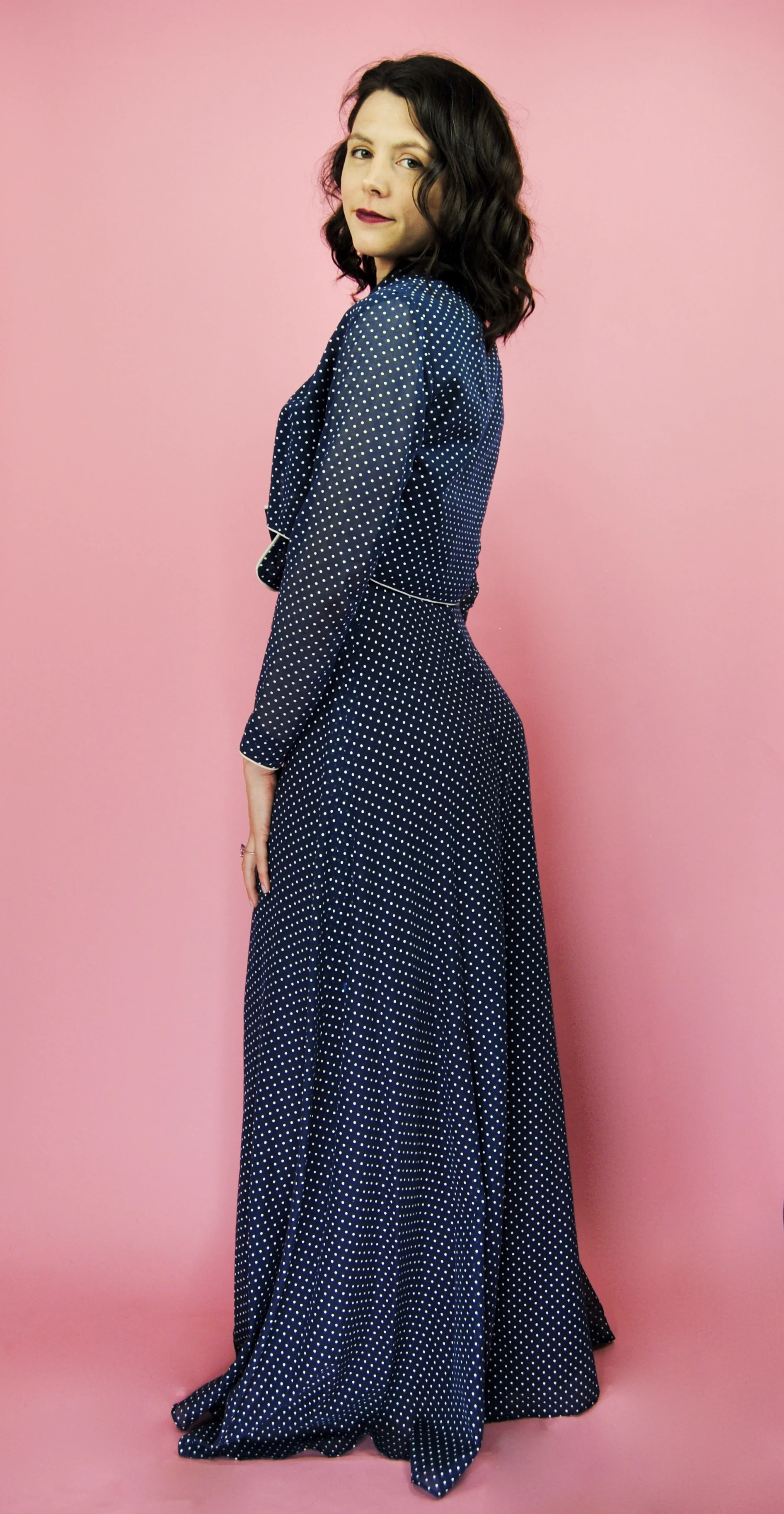 70s Navy Blue Swiss Dot Halter Maxi Gown With Bolero By Miss Elliette - Image 7