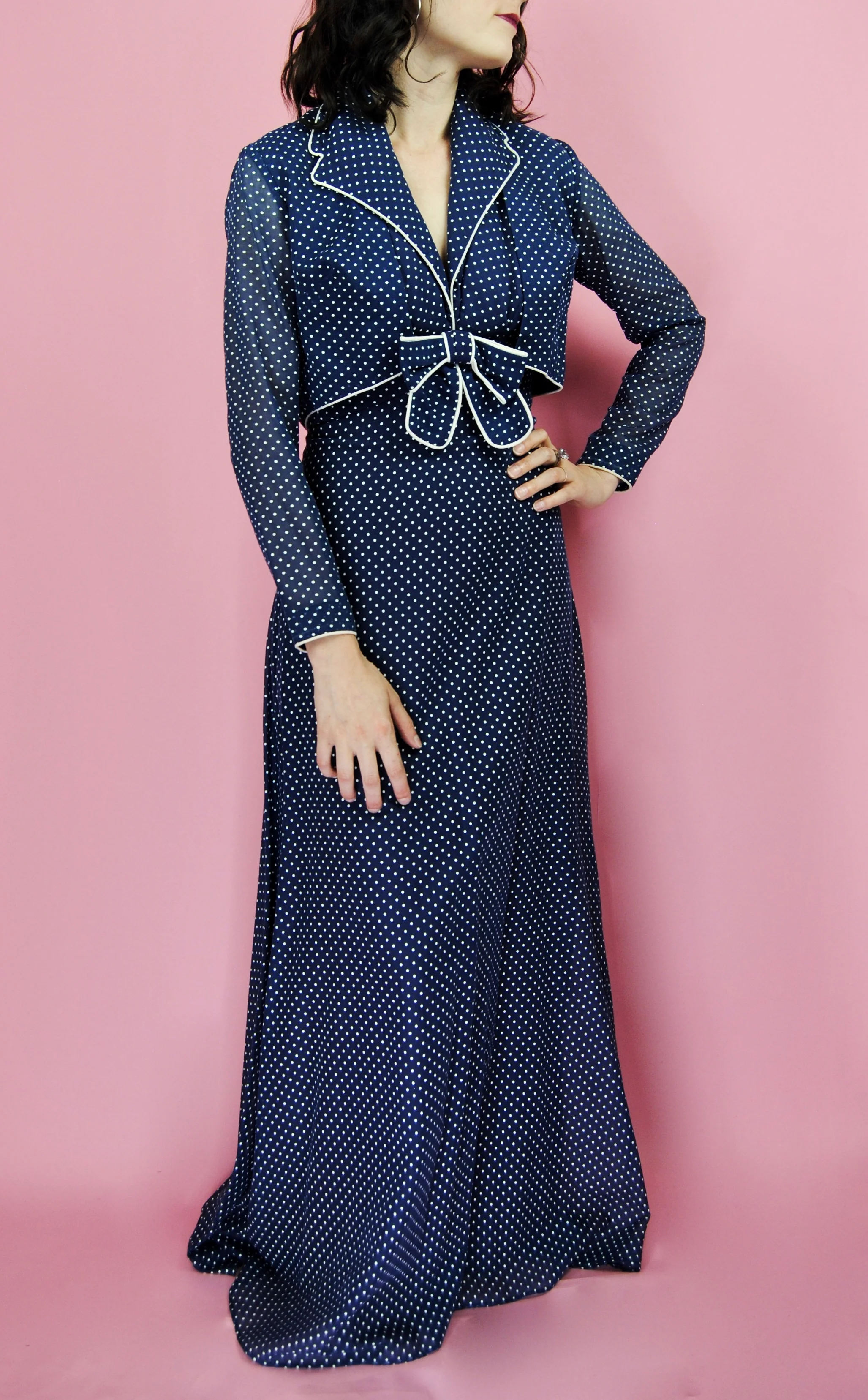 70s Navy Blue Swiss Dot Halter Maxi Gown With Bolero By Miss Elliette - Image 9